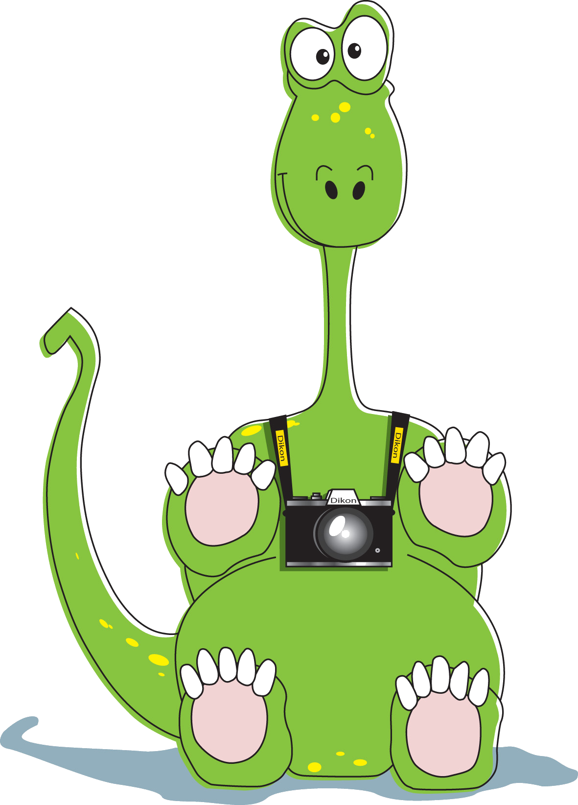 Illustration d'un dinosaure vert portant un appareil photo autour du cou, avec des lunettes de natation sur la tête, dans un style cartoon.
