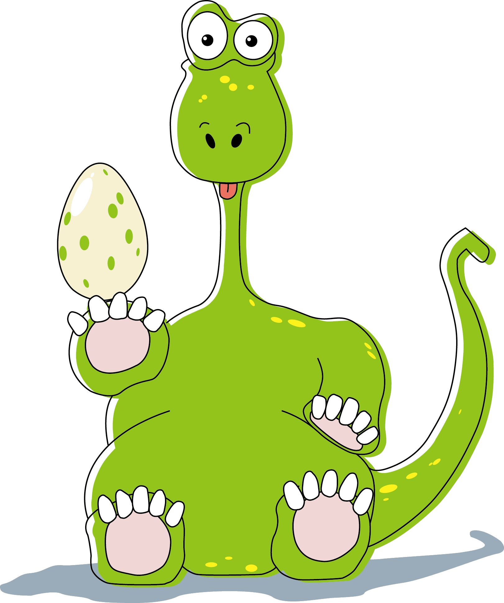 Un dessin humoristique d'un dinosaure vert avec une tête de crocodile, tenant un œuf dans une patte, en train de sourire avec la langue sortie, sur un fond blanc avec une ombre grise dessous.