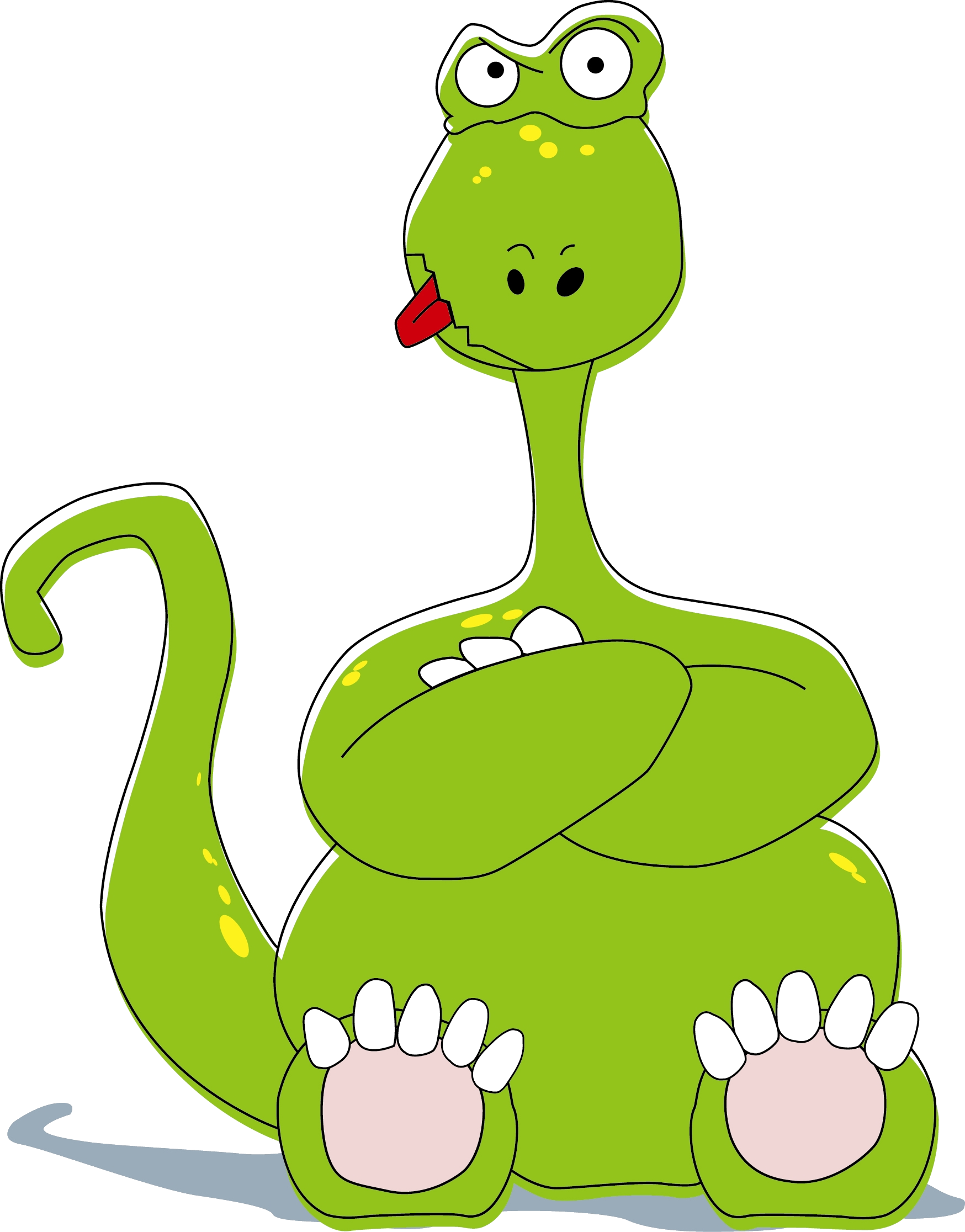 Un dessin d'un dinosaure vert avec une tête petite, de grands yeux noirs et une langue rouge. Il a des petits bras, un corps rond, une longue queue, des pattes avec des griffes noires, et il est assis sur le sol.