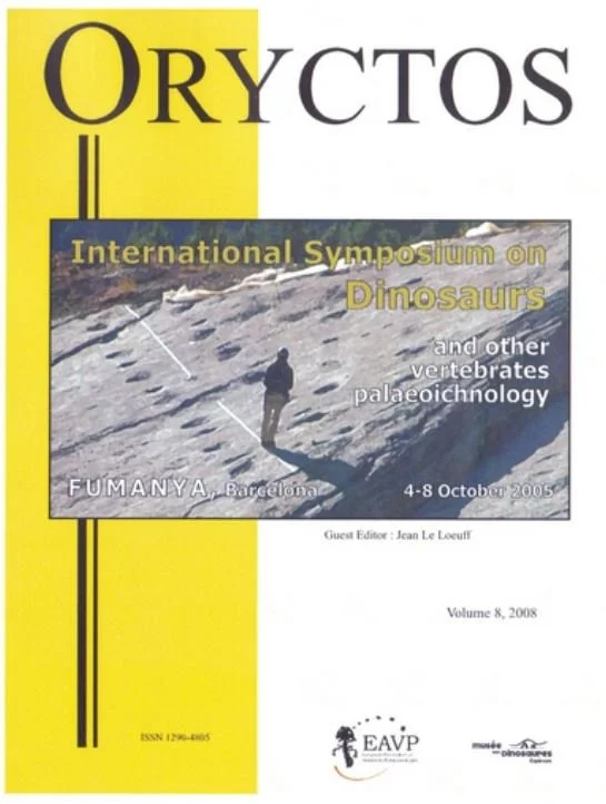 Couverture d'un magazine intitulé 'Oryctos', concernant un symposium international sur les dinosaures et autres vertébrés paléoichnologie, qui s'est tenu à Fumanya, Barcelone, du 4 au 8 octobre 2005, volume 8, 2008.