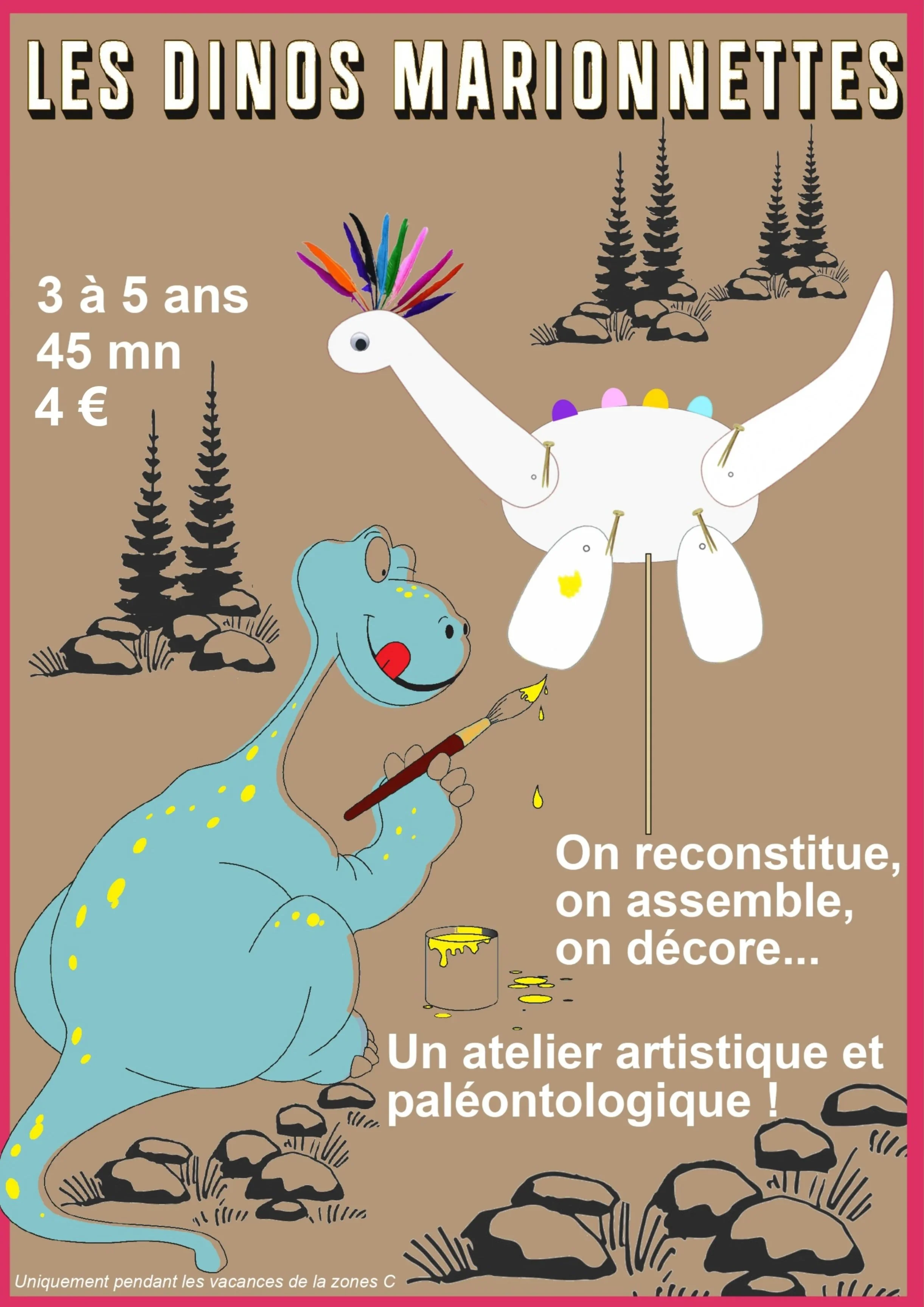 Une affiche colorée présentant un dinosaure imaginaire avec une crête multicolore jouant de la peinture, entouré de silhouettes d'arbres et de rochers, avec du texte en français sur un atelier artistique et paléontologique.