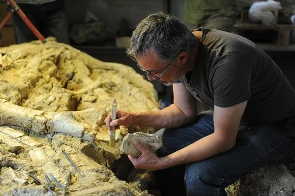 Un homme examine une sculpture ou un fossile avec une loupe dans un atelier d'archéologie ou de restauration.