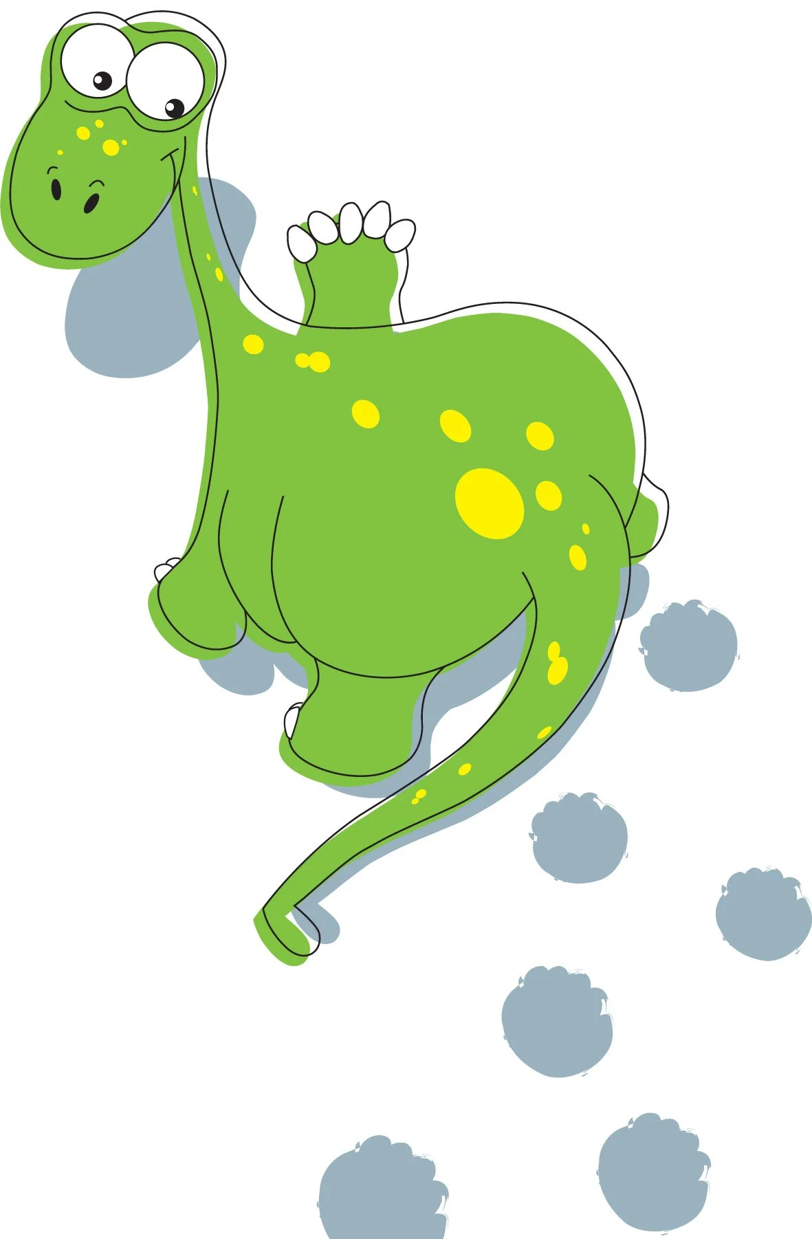 Un dessin d'un dinosaure vert avec des taches jaunes, marchant parmi des nuages de poussière.