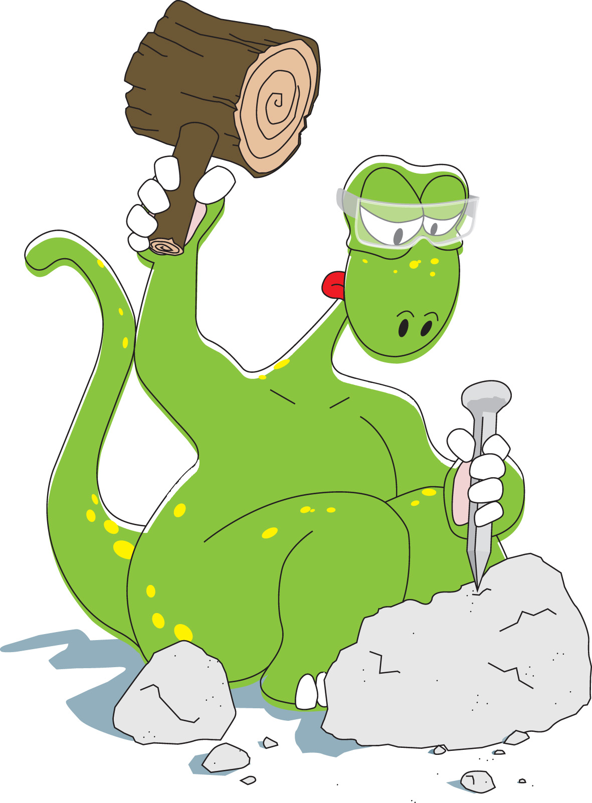 Une illustration humoristique d'un dinosaure vert portant des lunettes de protection, tenant un marteau dans une main et un burin dans l'autre, en train de graver ou de creuser dans une roche.