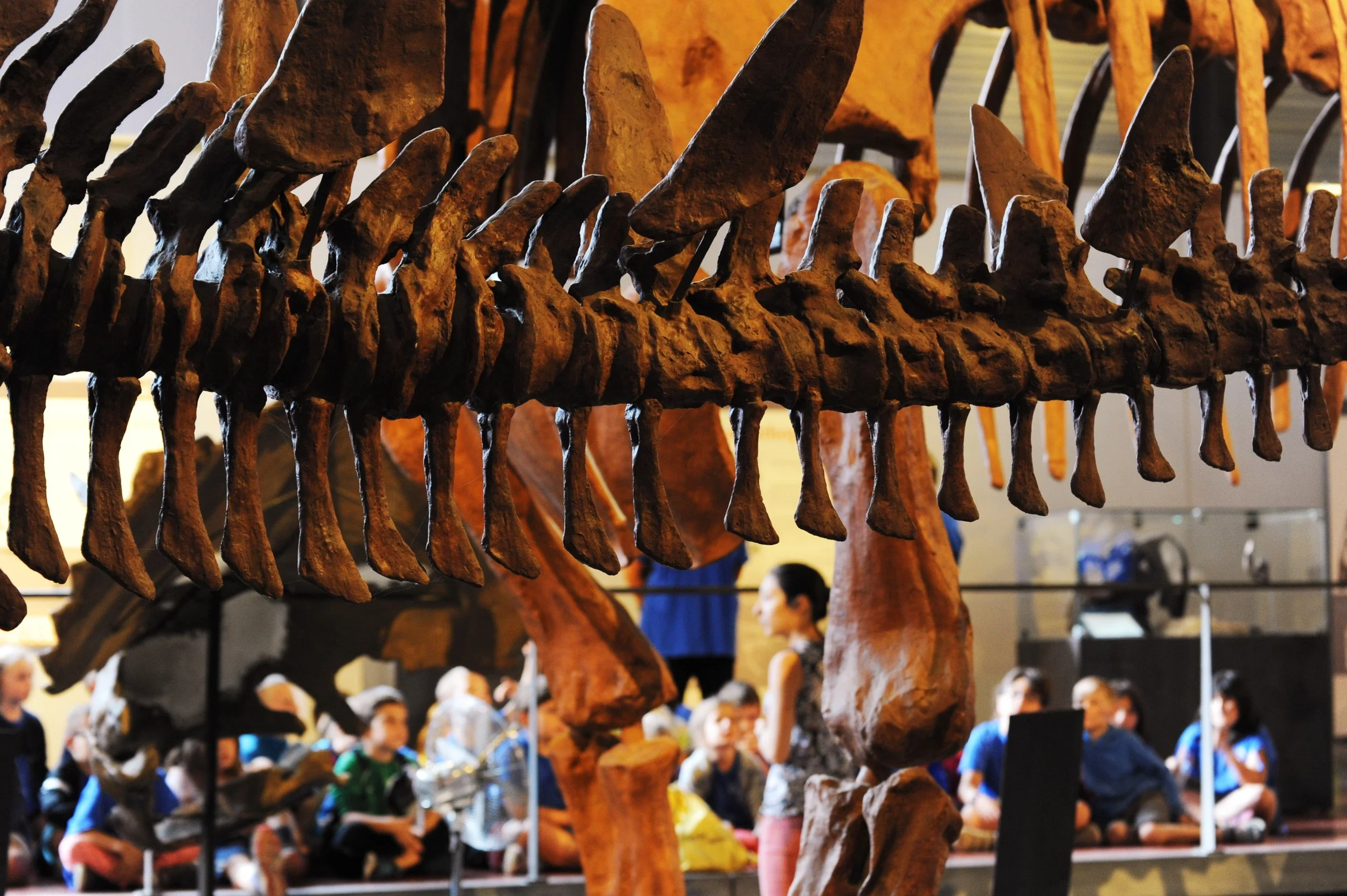Une sculpture en métal représentant un dinosaure, à l'intérieur d'un musée, avec des visiteurs en arrière-plan.