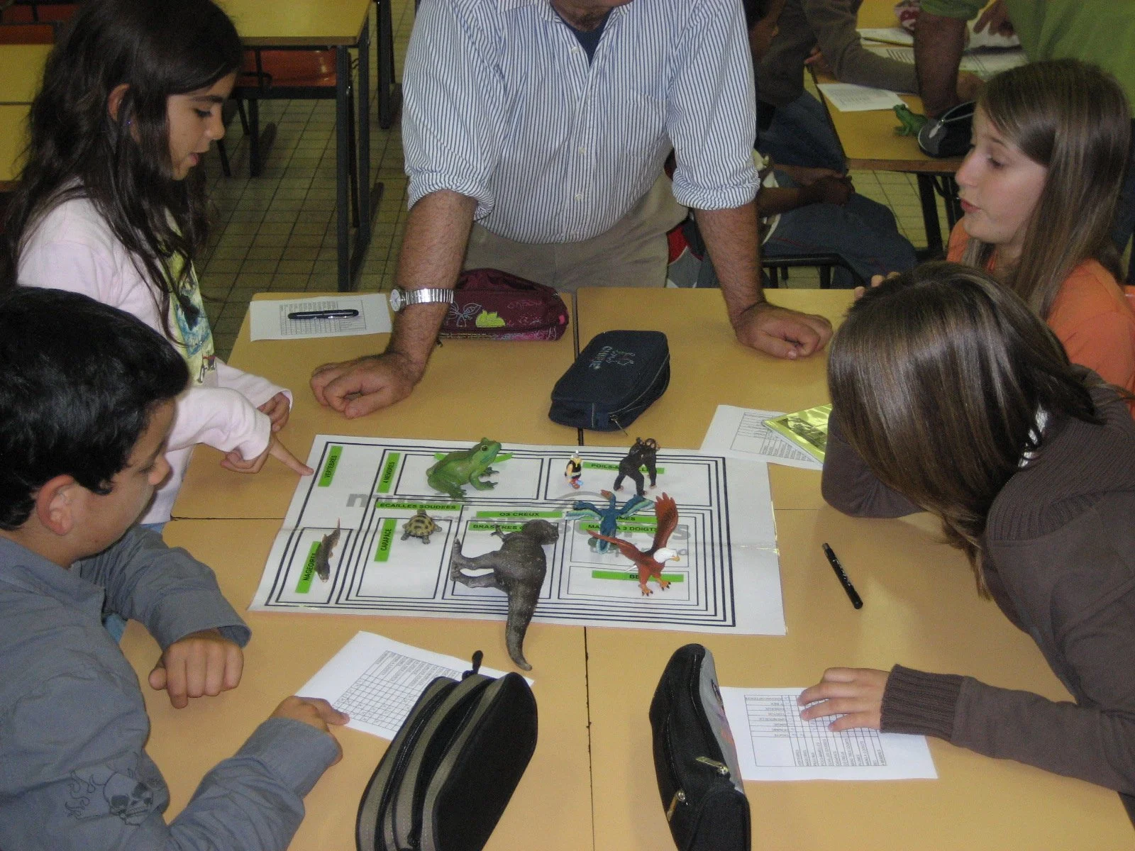 Une classe avec des élèves autour d'une table, observant un jeu de société avec des figurines d'animaux et de créatures fantastiques.