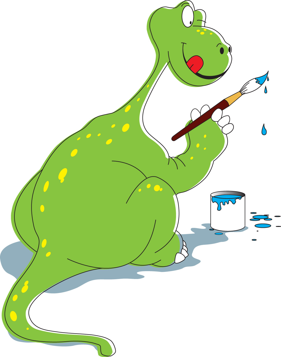 Un dinosaure vert, cartoon, peignant avec un pinceau et de la peinture bleue dans un récipient.