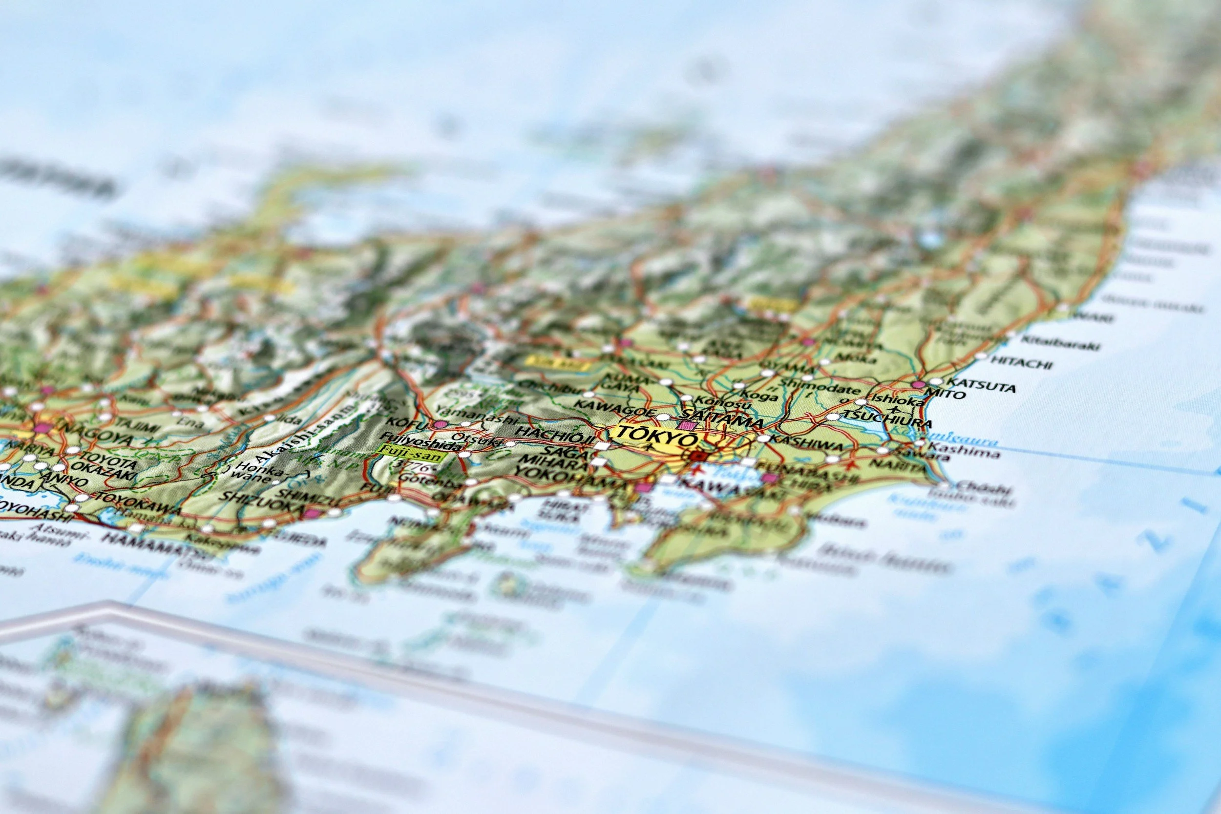 Close-up of a detailed map showing the Tokyo area and surrounding regions in Japan with various city and road labels.