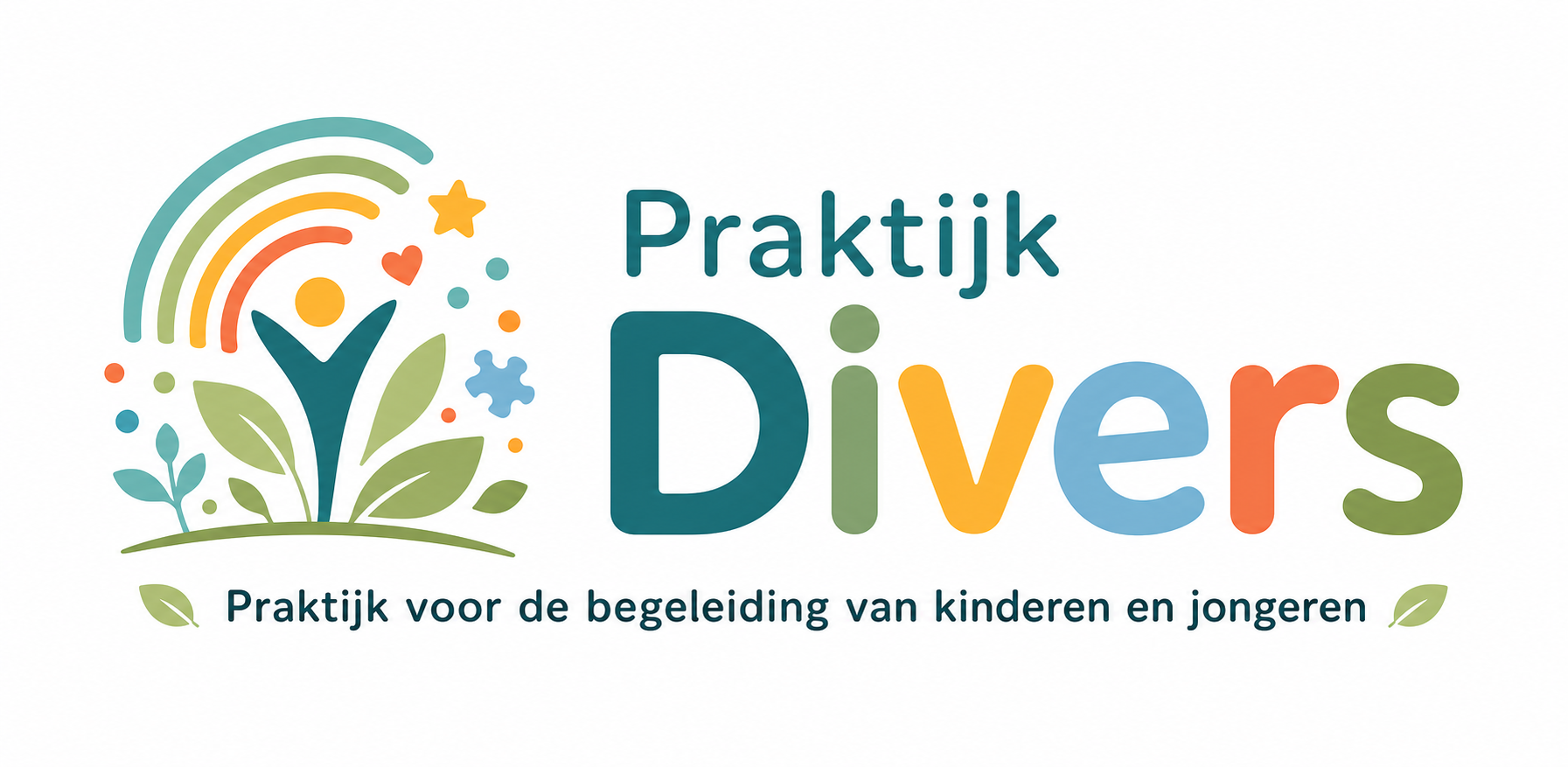 Logo van Praktijk DIVER, een groene en blauwe illustratie van een kind met uitgestrekte armen, omringd door een regenboog, sterren, hartjes, en bladeren, met de tekst "Praktijk DIVER" en de ondertitel "Praktijk voor de begeleiding van kinderen en jongeren".