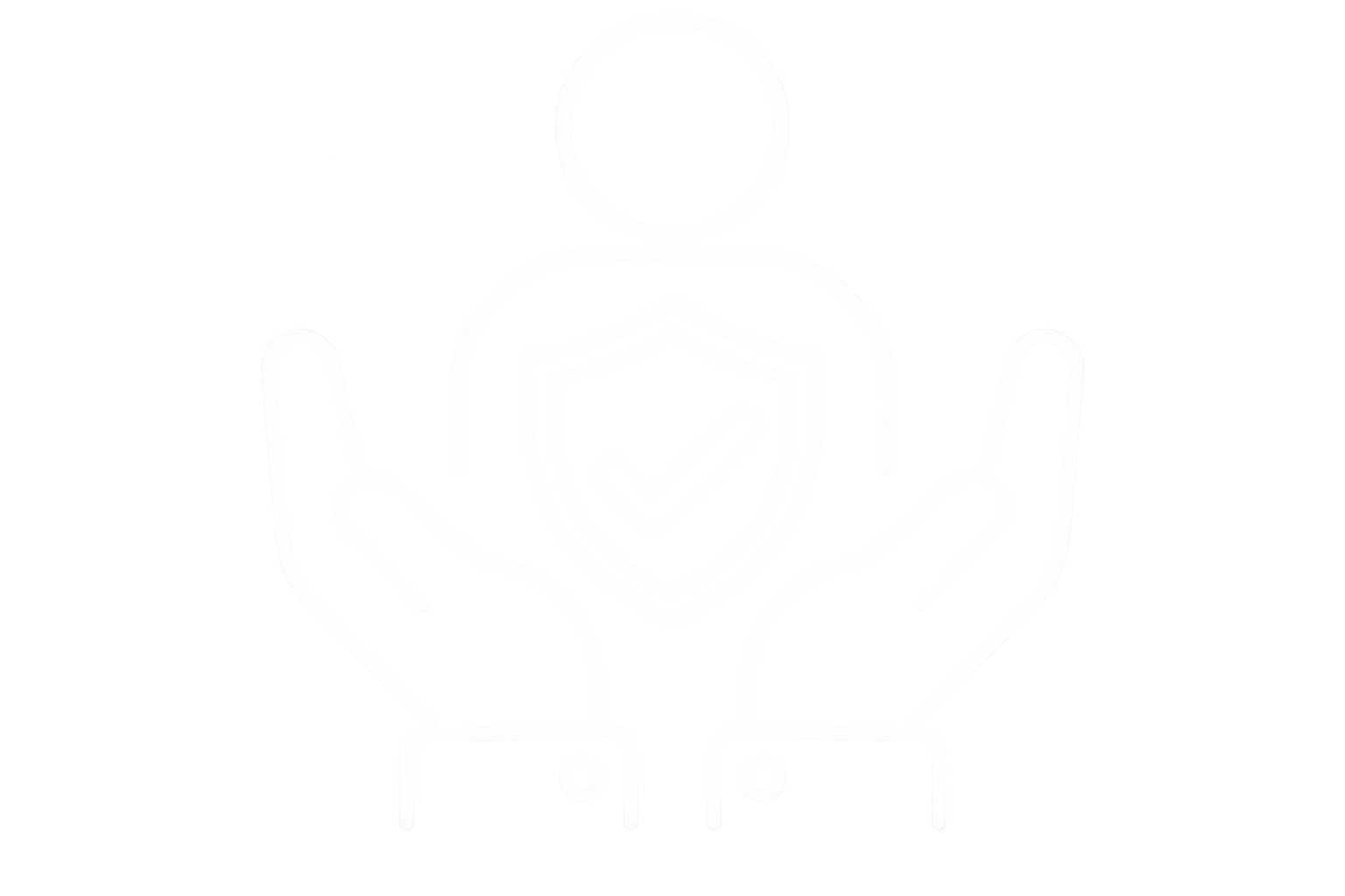 Symbol eines Schutzschilds mit einem Häkchen in der Mitte, von zwei stilisierten erhobenen Händen gehalten, auf dunklem Hintergrund.