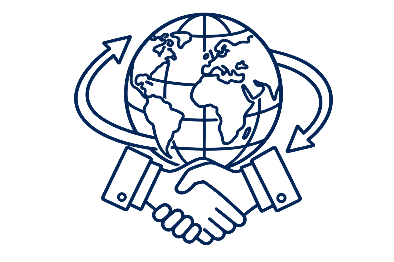 Drei Hände, die sich zum Händeschütteln greifen, unter einer Illustration der Weltkugel mit Kontinenten, umkreist von zwei Pfeilen, symbolisieren globale Zusammenarbeit und Partnerschaft.