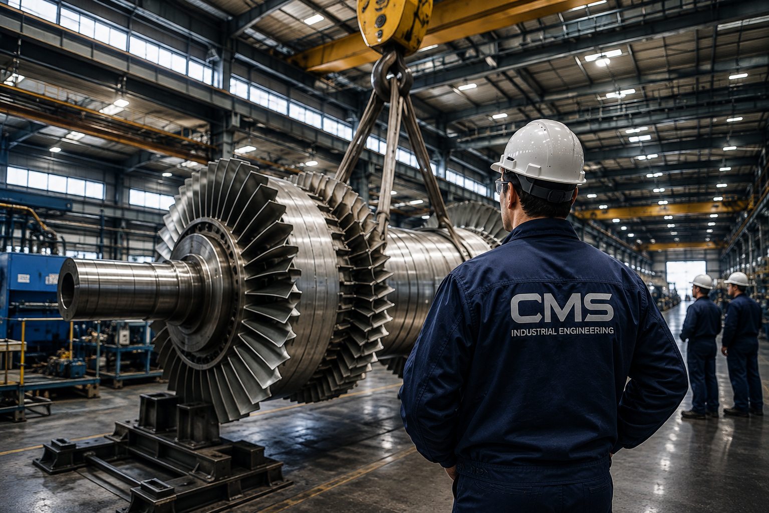 Ingenieur in Schutzhelm und Arbeitskleidung beobachtet große Turbinen im Industriehallen, mit weiteren Personen im Hintergrund.