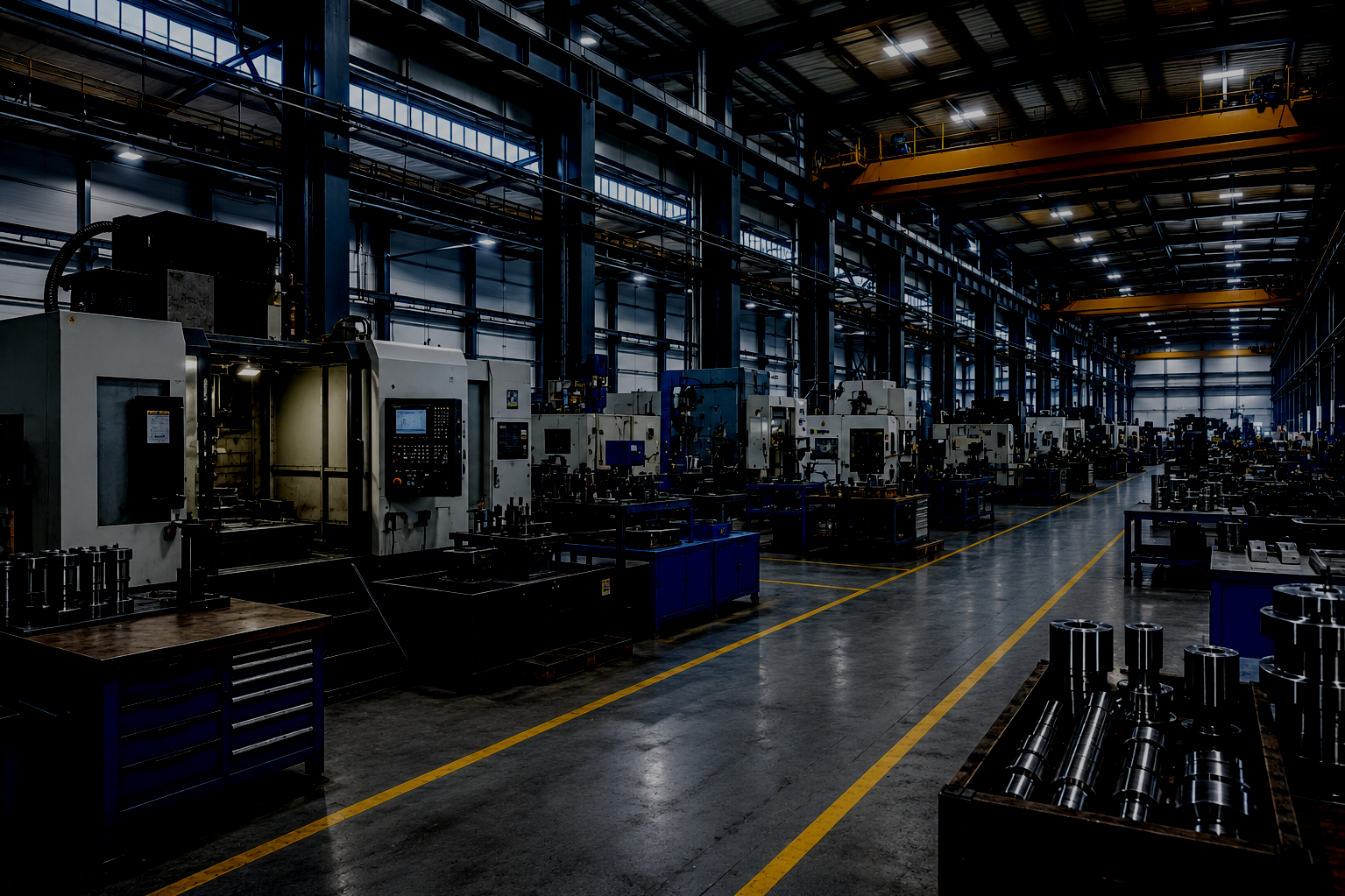 Blick in eine industrielle Fertigungshalle mit mehreren Maschinen und Produktionslinien, hohe Decke, gelbe Hebebühnen, dunkle Beleuchtung.