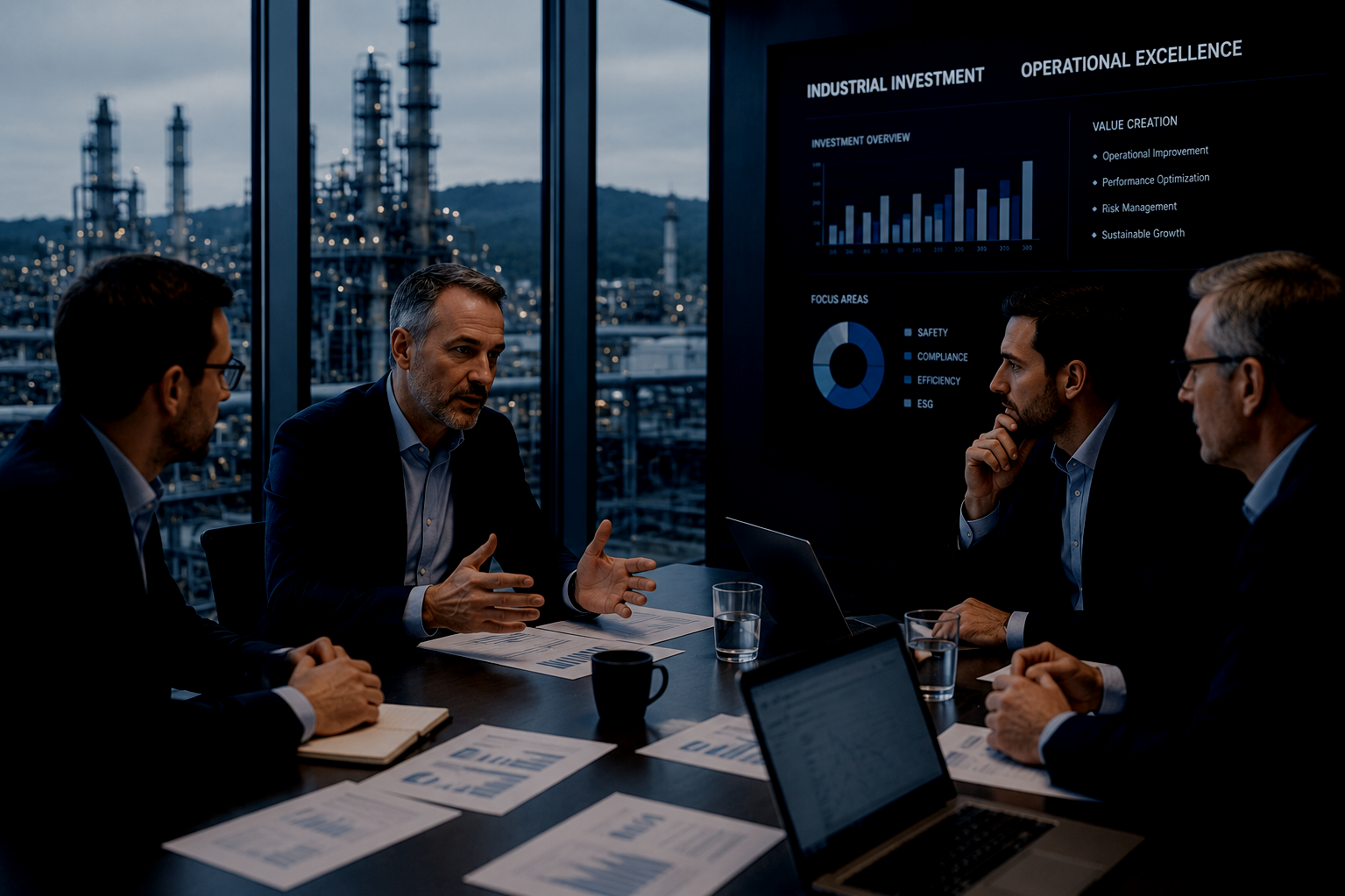 Fünf Männer sitzen in einem Konferenzraum und diskutieren. Es gibt einen großen Bildschirm mit Diagrammen und Text über Investitionen und Leistungsoptimierung. Im Hintergrund ist eine Industrielandschaft zu sehen.