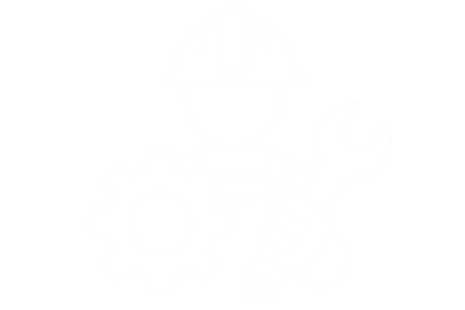 Skizze eines Roboters mit einem Schutzhelm, Zahnrädern und mechanischen Teilen.