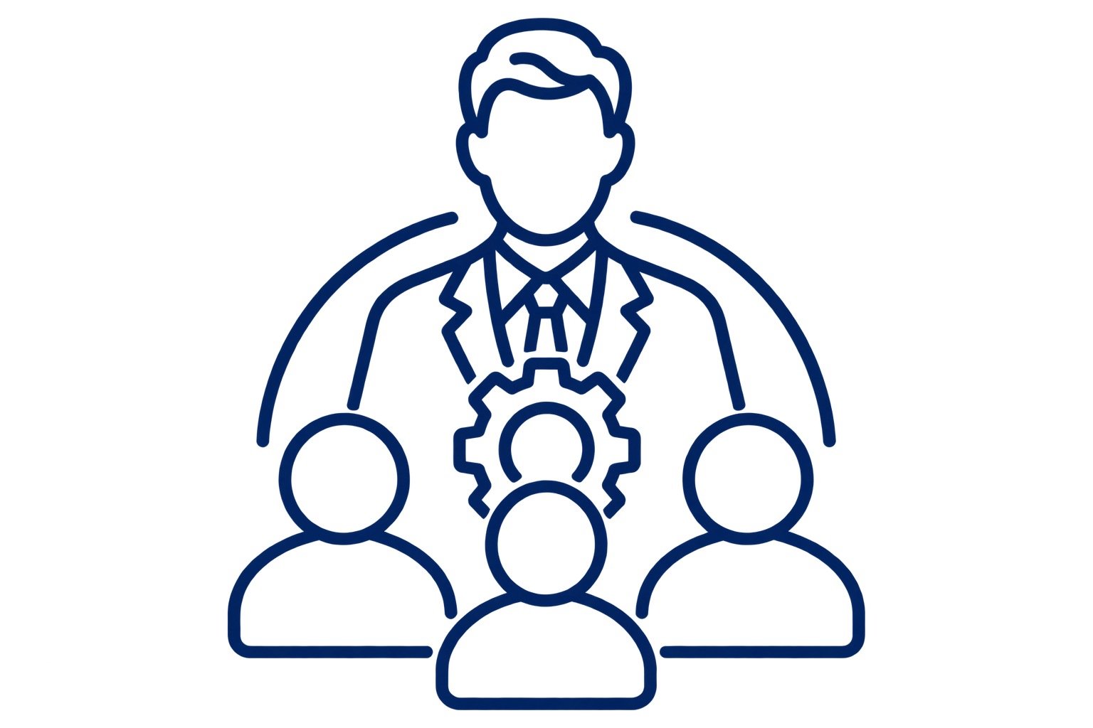 Skizzierte Illustration eines Arztes mit einem Kopf inklusive Stethoskop, der vor drei Personen steht, verbunden durch Zahnräder, symbolisiert medizinische Versorgung oder Teamarbeit.