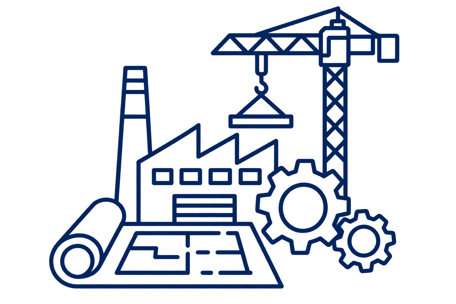 Zeichnung einer Baustelle mit Kran, Bauhelm, Bauplänen, Gears und Baugerüsten, industrielle und technische Zeichnungen, AutoCAD, Inventor