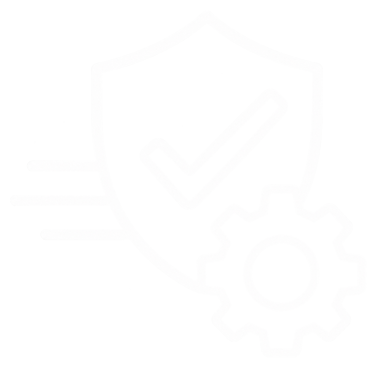 Symbol eines Schildes mit einem Häkchen, umgeben von einem Zahnrad, was auf Sicherheit und Einstellungen hinweist.