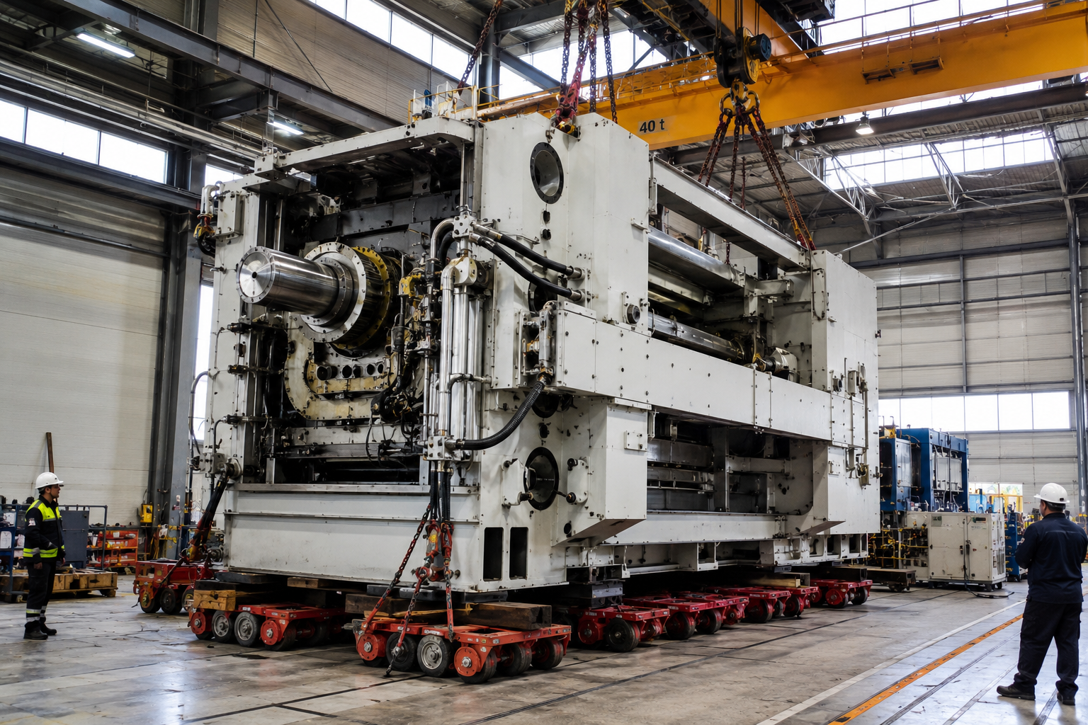 Großes industrielles Maschinenstück wird in einer Fabrikhalle von Arbeitern in Schutzhelmen und Montur überprüft, während es auf fahrbaren Untergestellen steht.