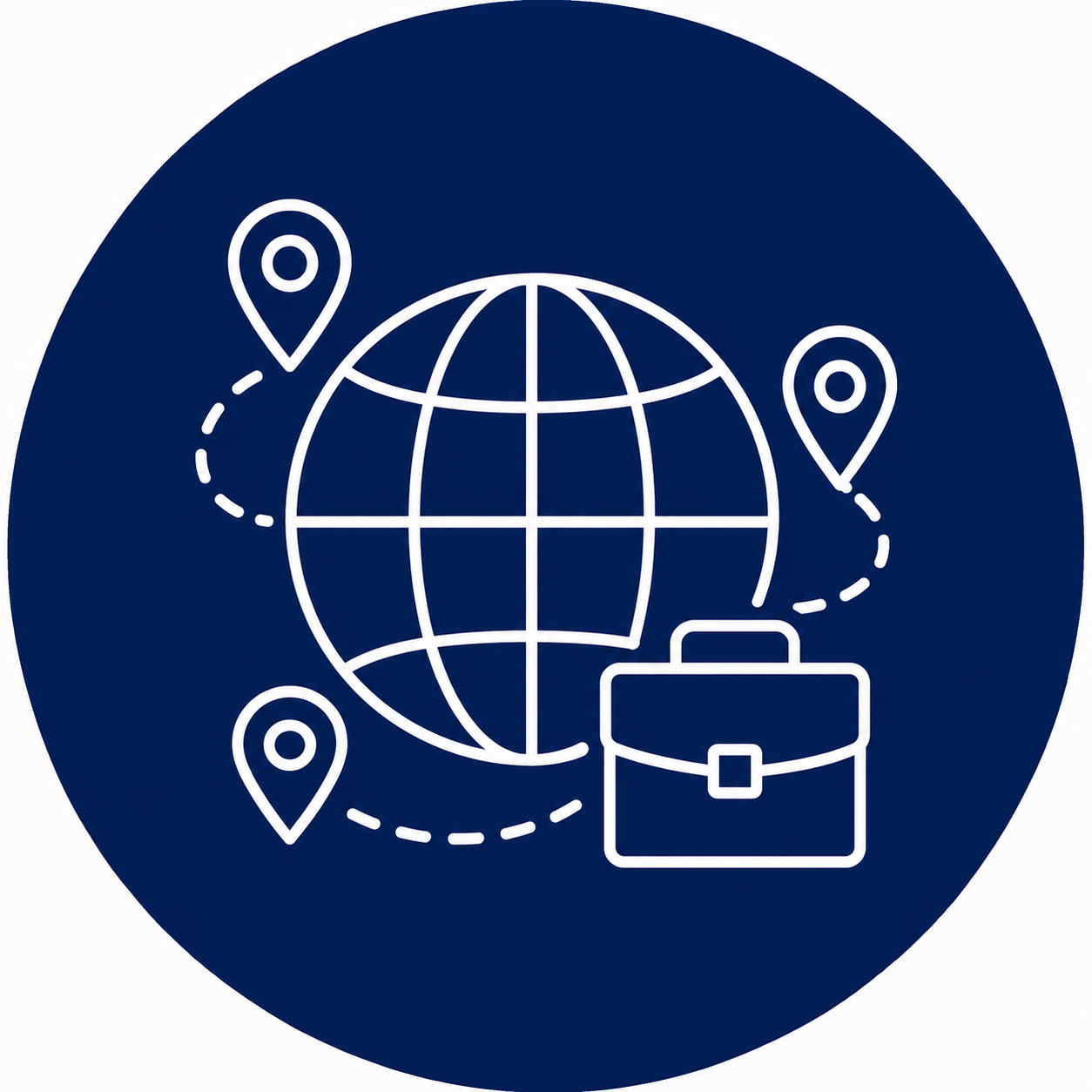 Graphik eines Globus, einer Aktenmappe und Standortmarkierungen, symbolisieren internationalen Geschäfts- oder Reisebedarf.