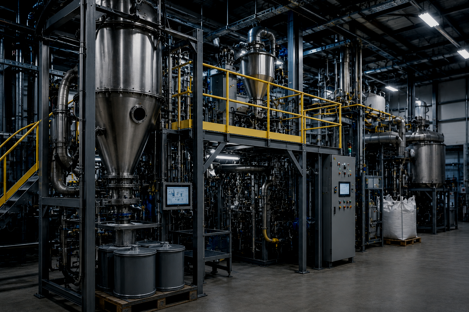 Industrielle Anlage mit Tanks, Rohren und Kontrollpanelen in einer Fabrikhalle.