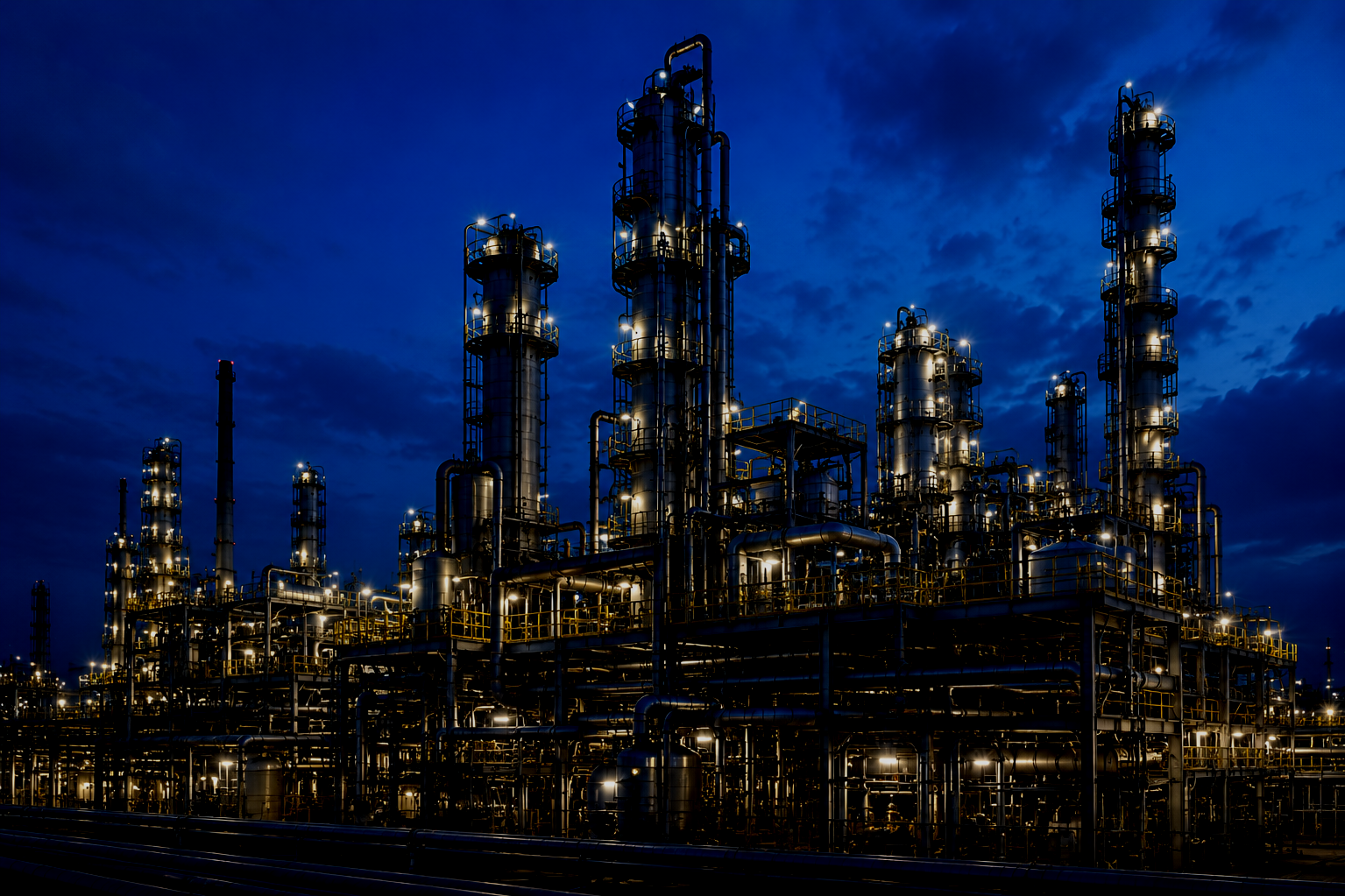 Industrieanlagen bei Nacht mit leuchtenden Lichtern vor einem dunklen Himmel.