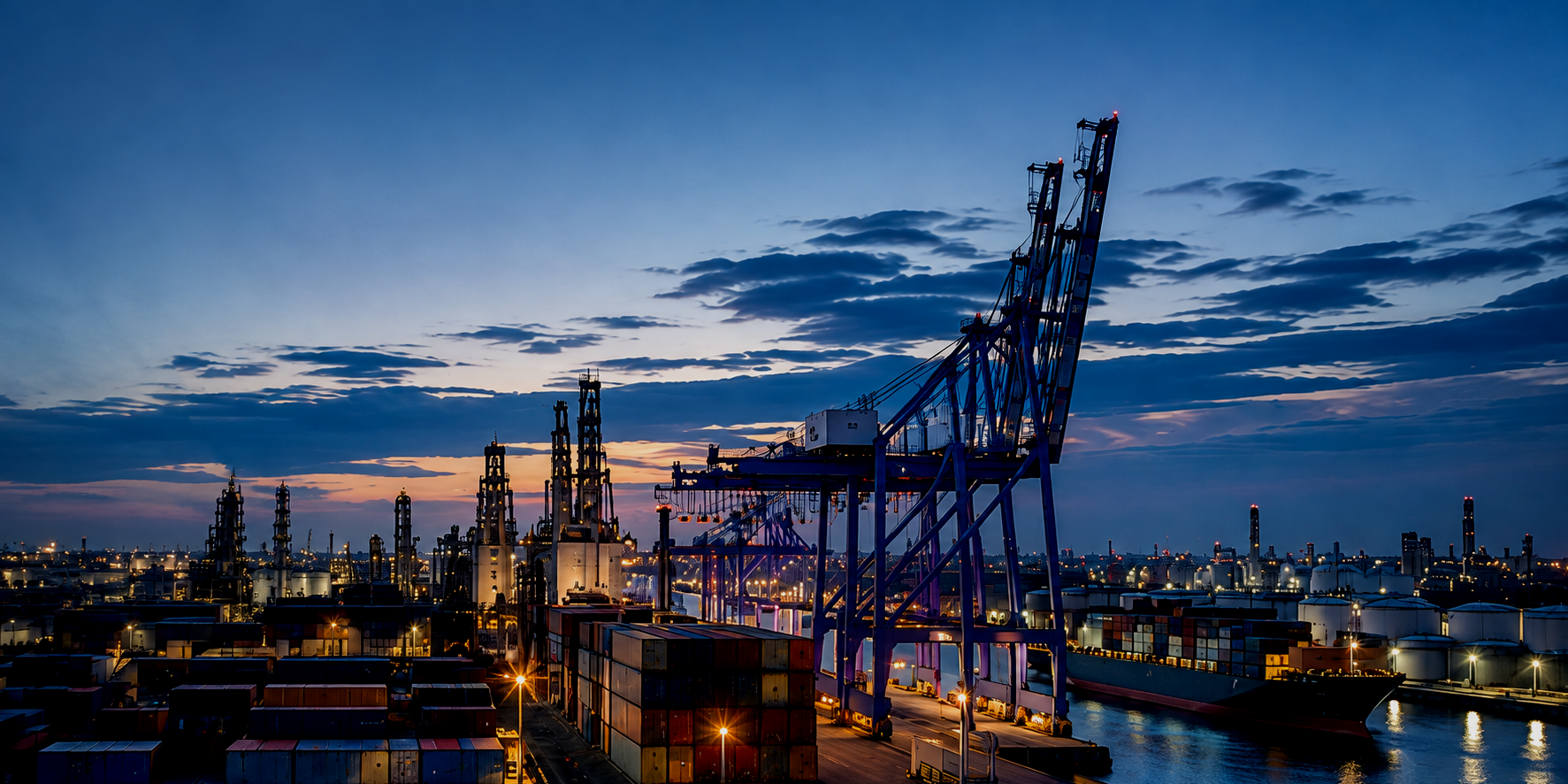 Blick auf einen Hafen mit Container-Schiffen und großen Kräne bei Sonnenuntergang, Himmel mit Wolken und Stadt im Hintergrund.