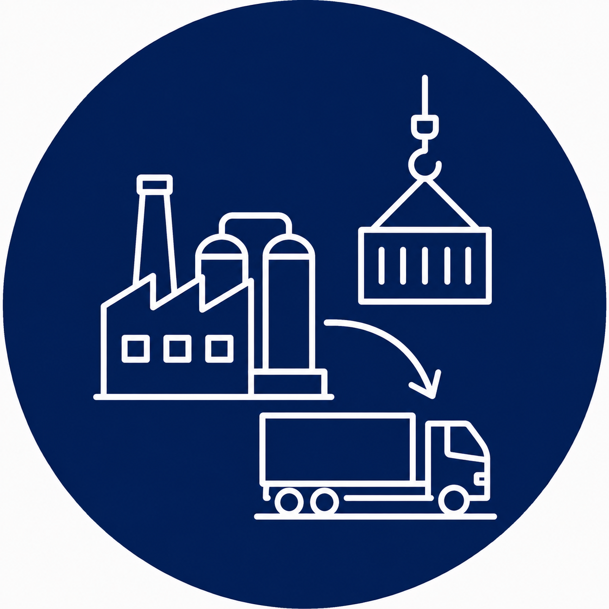 Zeichnung eines Fabrikgebäudes, einer Förderanlage, eines LKWs und eines Containers, die den Warentransport symbolisieren.