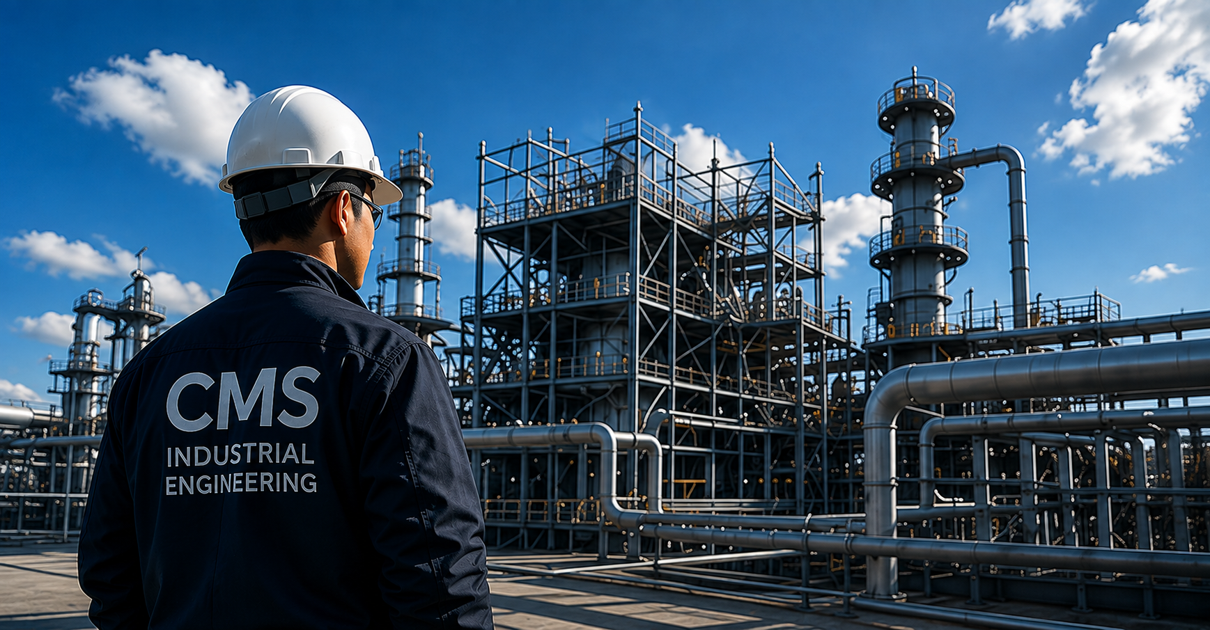 Ein Mann in Schutzkleidung mit Helmen und einer Jacke mit der Aufschrift 'CMS Industrial Engineering' steht vor einer Industrieanlage mit vielen Rohren und Türmen an einem sonnigen Tag.