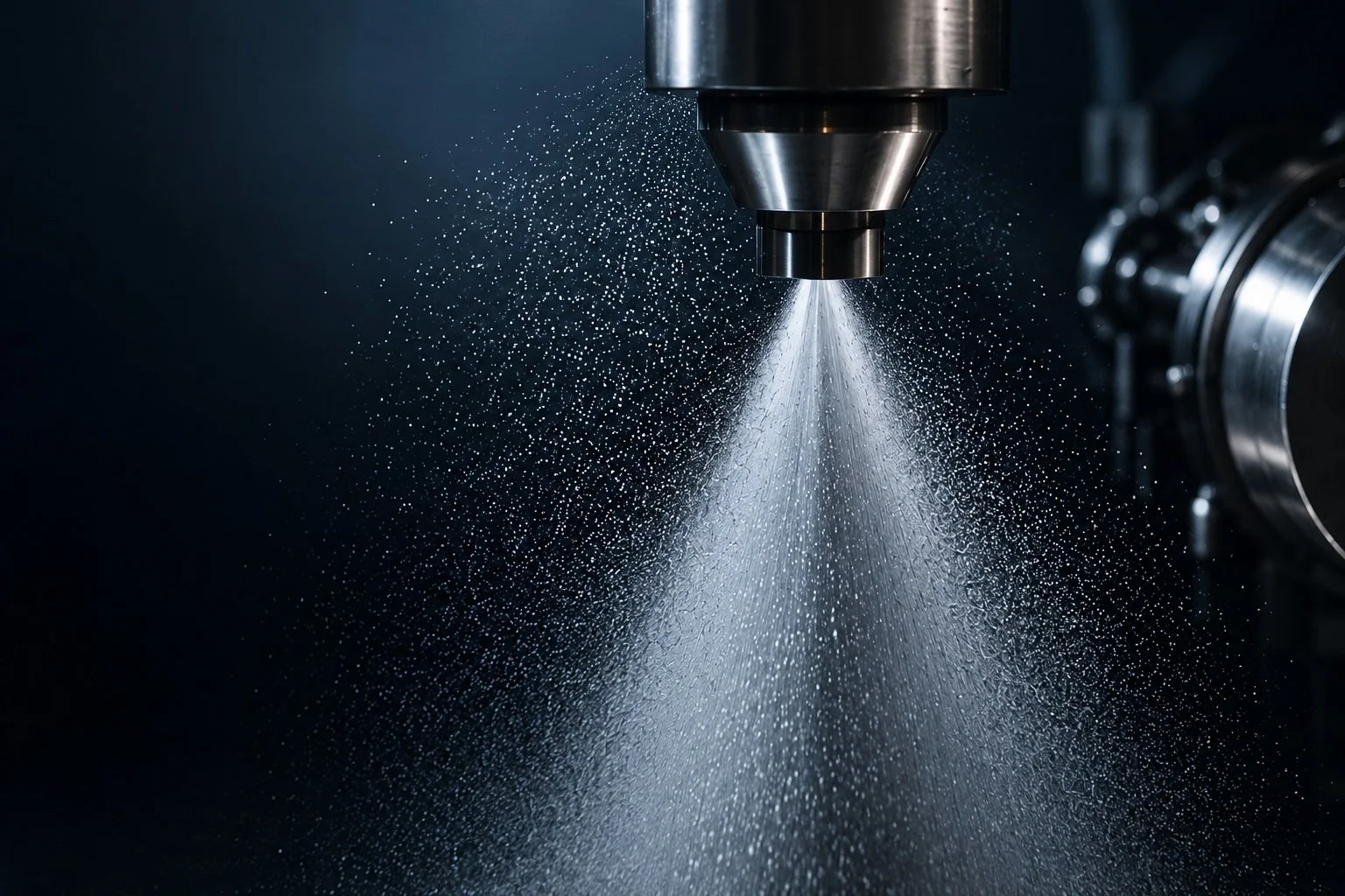 Ein industrieller Schneidkopf, der Wasserstrahl auf eine dunkle Umgebung richtet, wobei Wasserpartikel in der Luft sichtbar sind.