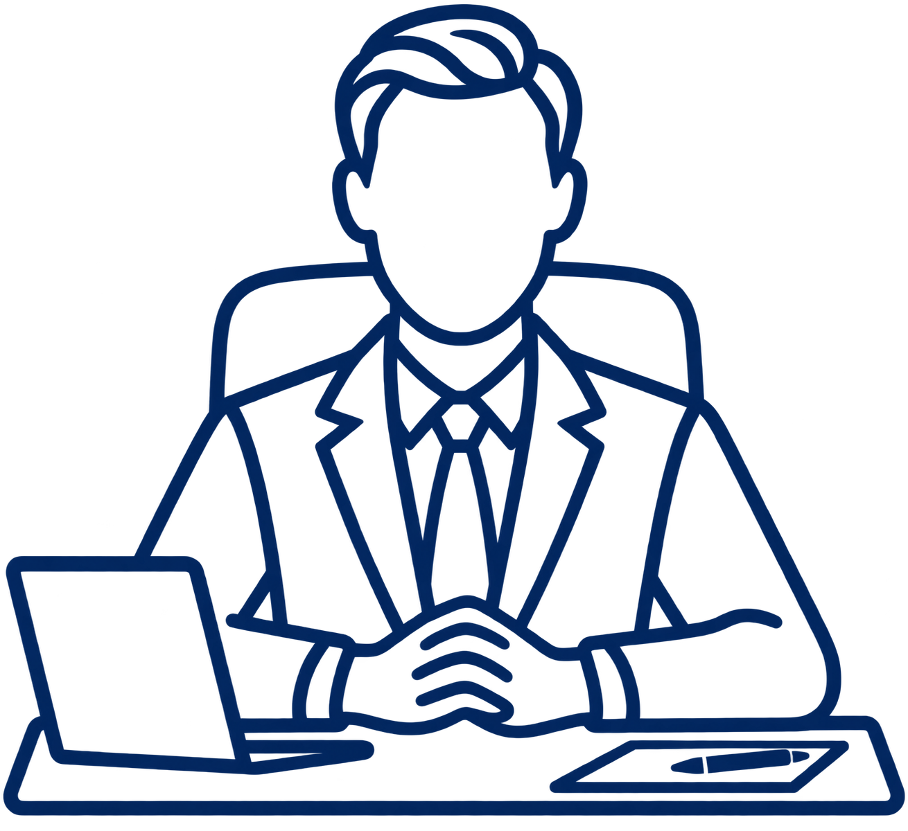 Skizzierte Illustration eines Mannes im Anzug, sitzend hinter einem Schreibtisch mit Laptop und Tablet.