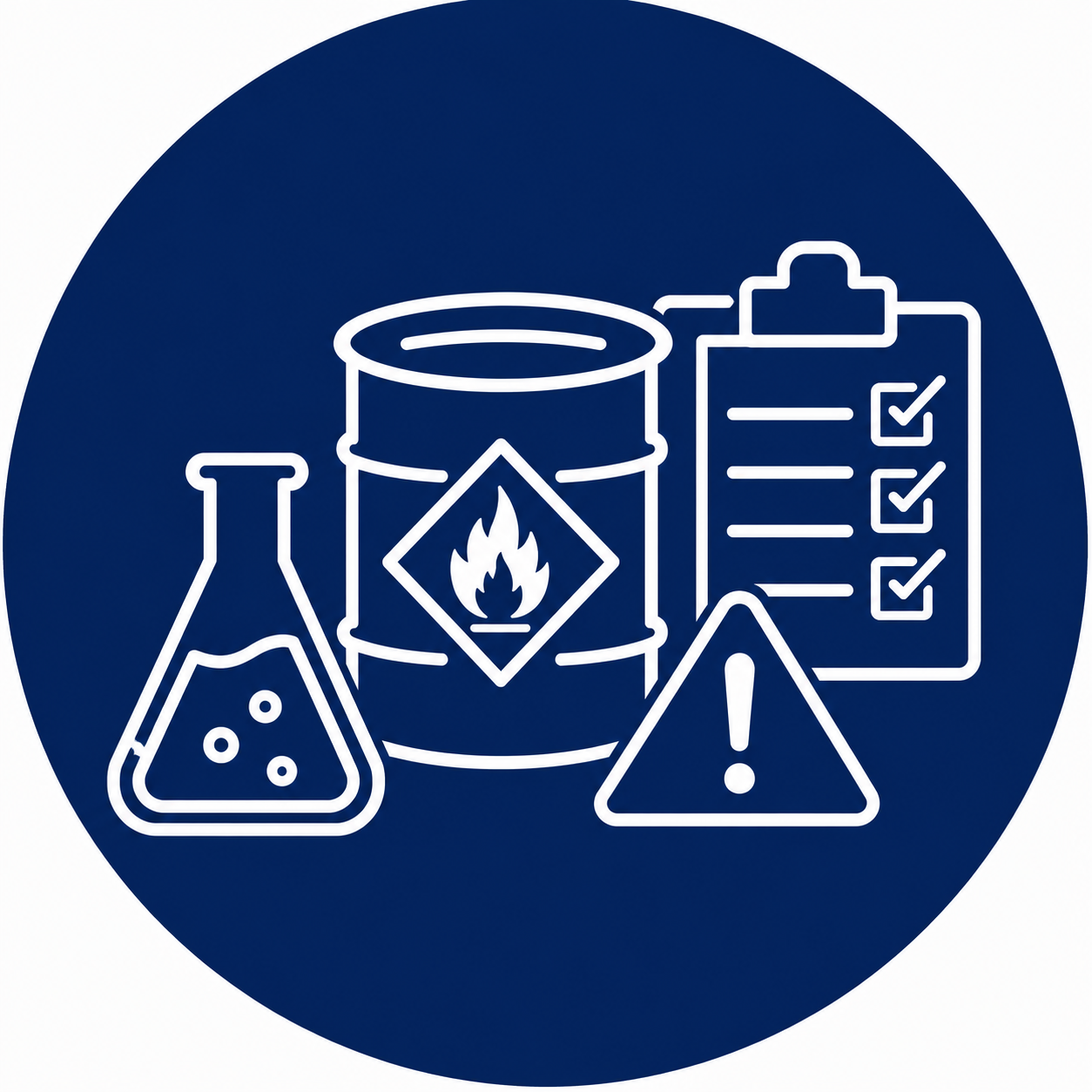 Symbolbild für Gefahrstoff, bestehend aus einem Chemikalienflasche, einem Chemikalienfass mit Gefahrensymbol, einem Warnschild mit Ausrufezeichen und einem Sicherheitscheckliste, alle in Weiß auf dunkelblauem Hintergrund.
