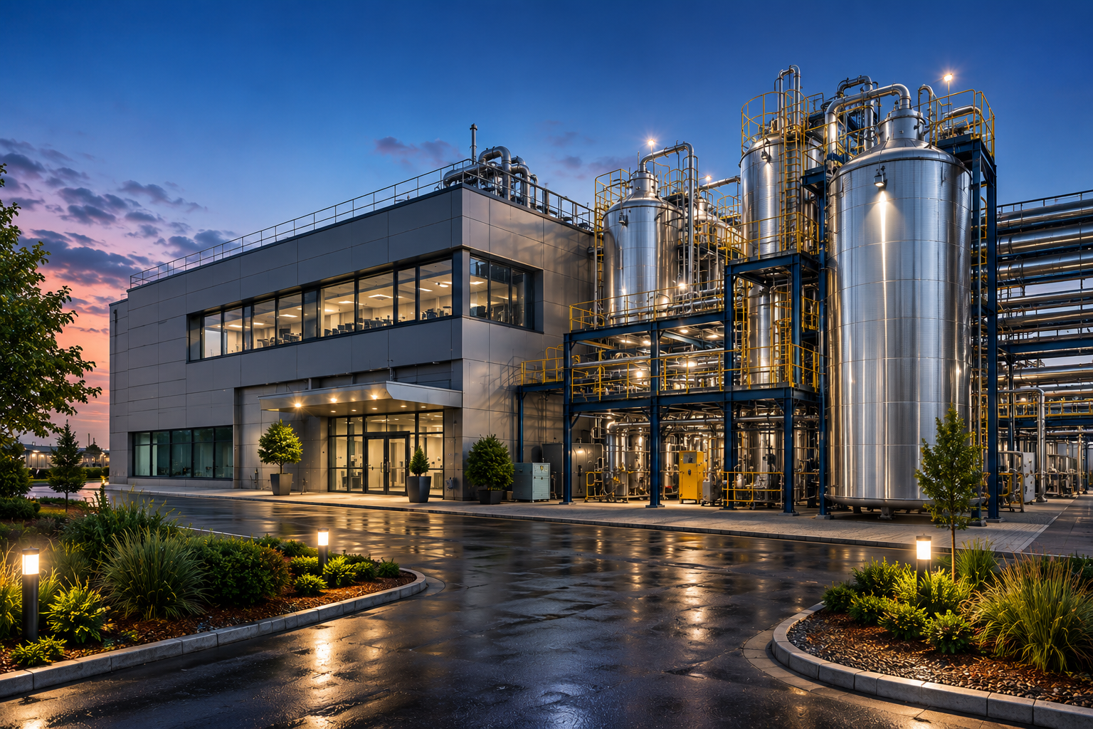 Modernes Industriegebäude bei Sonnenuntergang mit glänzenden Tanks und Rohrleitungen.