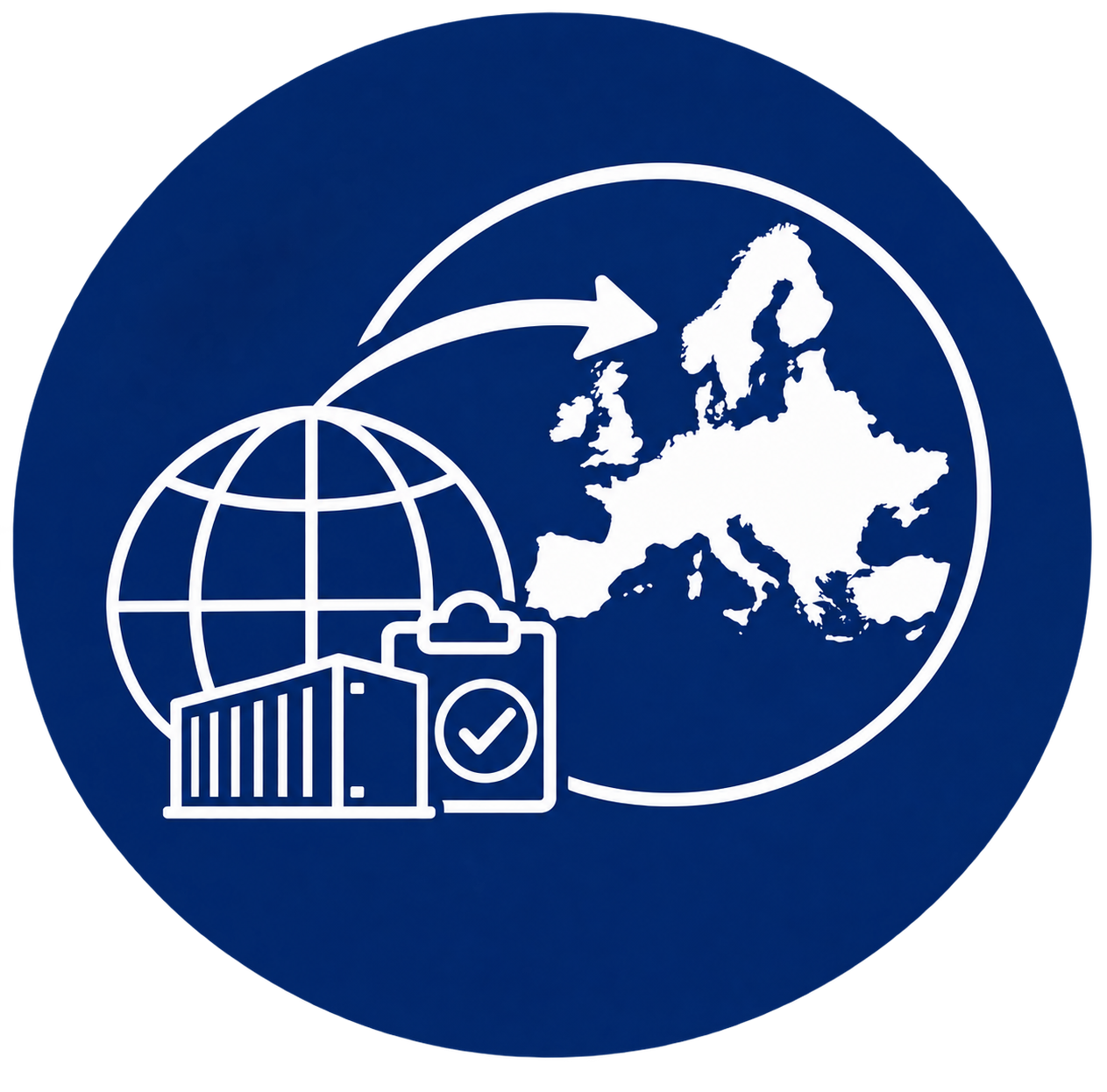 Symbol für internationale Lieferung oder Reisen, mit einer Weltkarte, einem Globus, einem Paket mit Häkchen und einem Flugwege-Pfeil, die auf Europa zeigen.