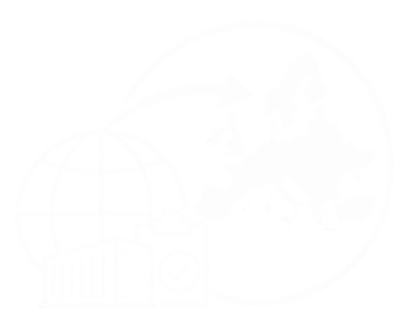 Eine Silhouette eines Globus mit Europa und Asien, begleitet von einem kleiner werdenden Globus und einem Pfeil, was auf den weltweiten Handel oder globale Verbindung hinweist.