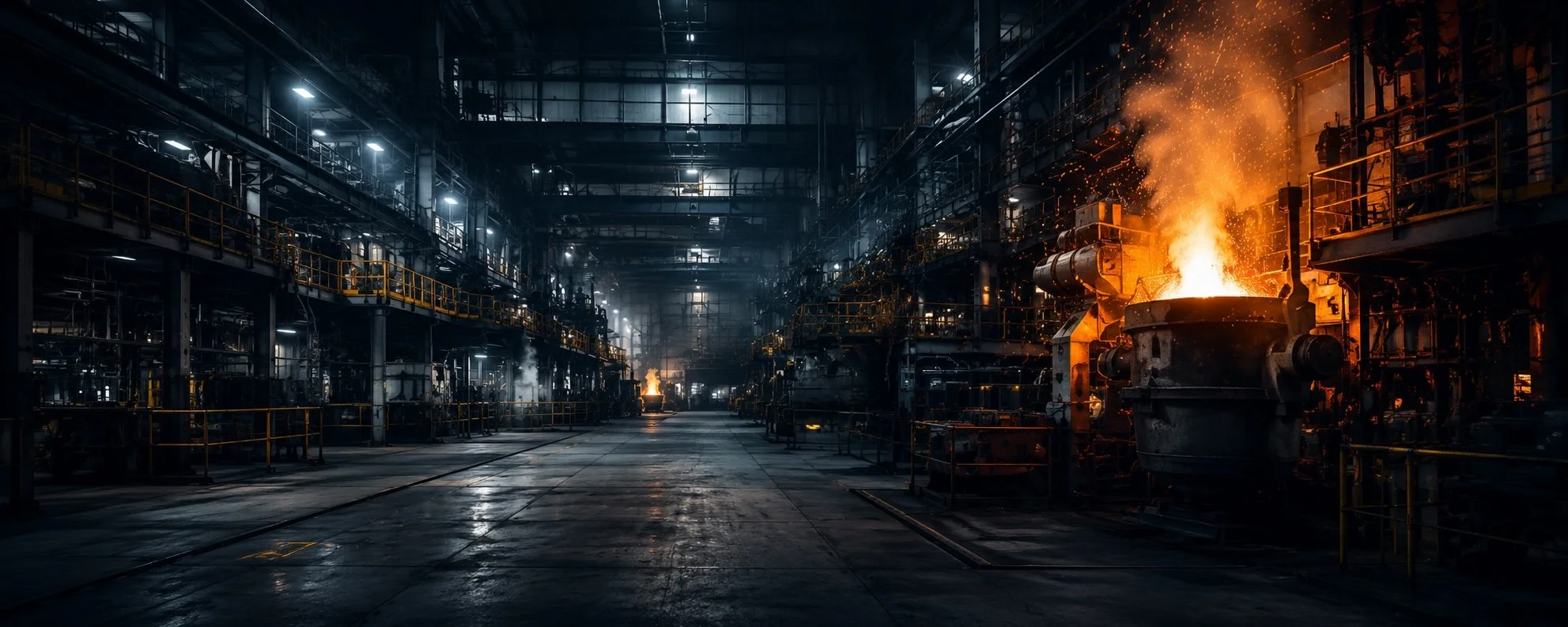Ein großes Industriegebäude mit laufender Produktion, geschmolzenem Metall und Flammen, mit hohen Decken und Metallregalen.