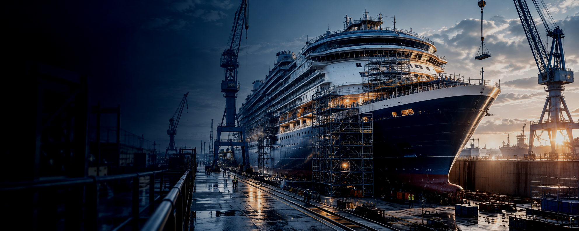 Ein großer Kreuzfahrtschiff im Dock, umgeben von Kränen und Baustellen, bei Sonnenuntergang.