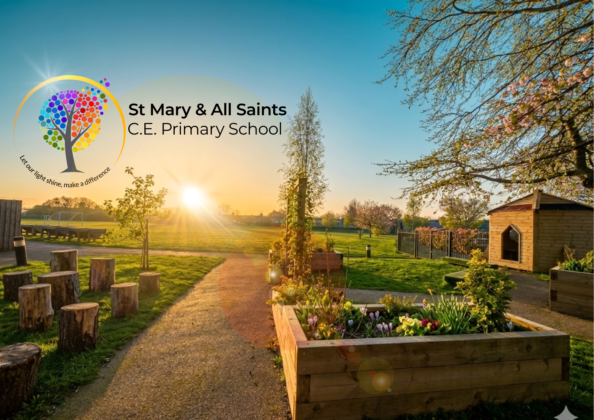 the school’s outdoor garden at sunrise in SMAS Spring.jpg. The scene includes raised wooden flower beds, log seating, a small playhouse, and a bright sun rising over a green field.