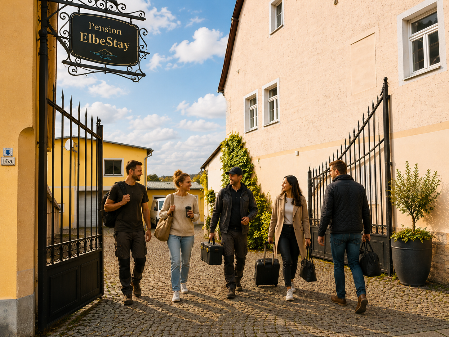 Fünf junge Menschen laufen durch ein Tor nach draußen, tragen Taschen und Koffer, sprechen und lachen miteinander bei sonnigem Wetter vor einem gelben und einem hellen Gebäude.