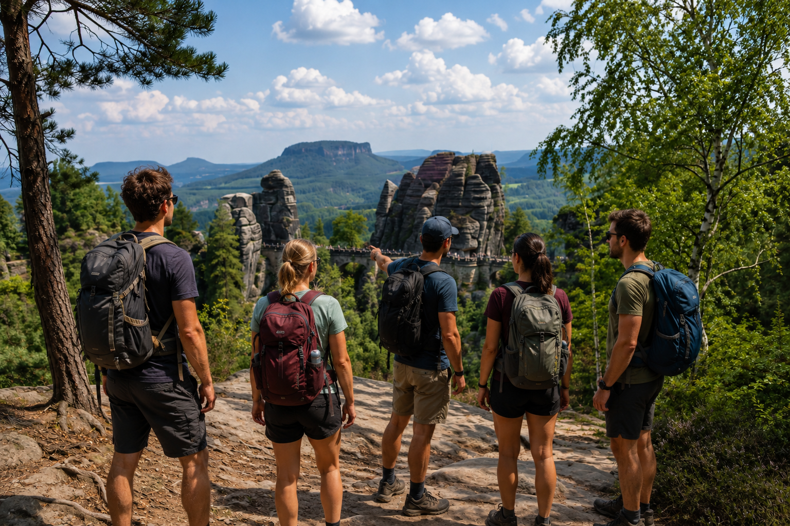 Sechs wandernde Menschen mit Rucksäcken betrachten eine Felsenlandschaft und eine Hängebrücke im Harz, Deutschland, bei gutem Wetter.