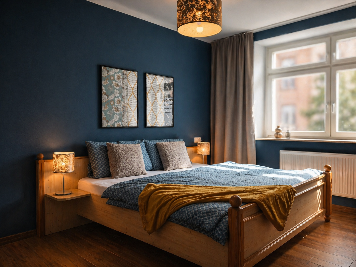 Ein modernes Schlafzimmer mit einem blauen Wandhintergrund, einem Holzbett, mehreren Kissen, einer Bettdecke, Nachttischen mit Lampen und Wanddekorationen, einem Fenster mit Vorhängen und einem Blick nach draußen.
