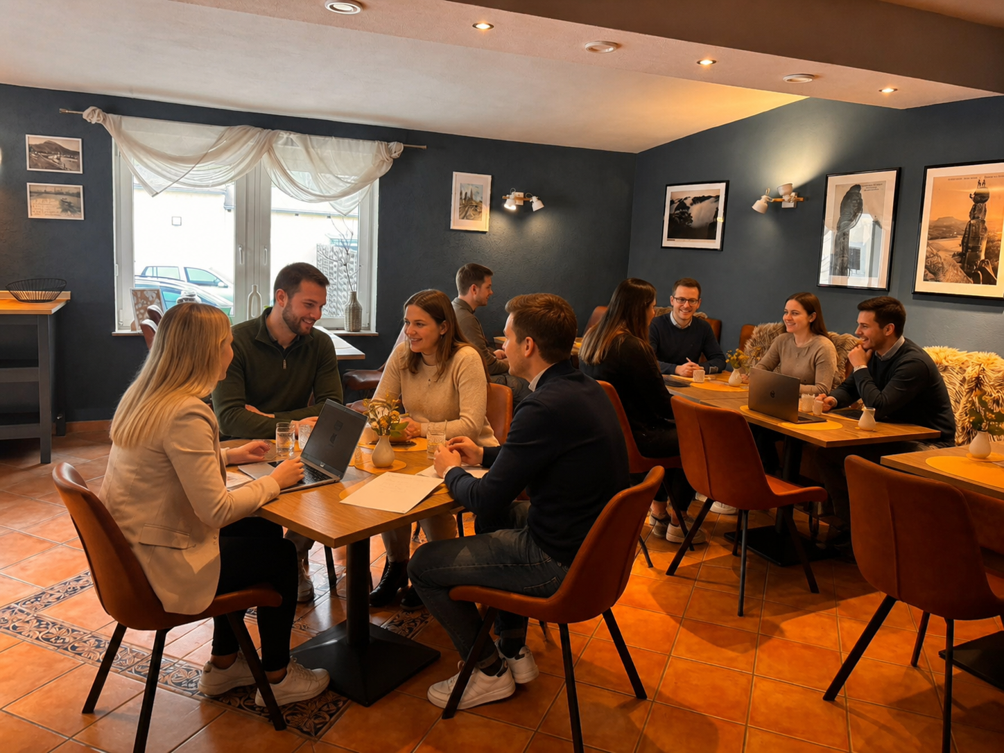 Mehrere Menschen sitzen in einer gemütlichen, gut beleuchteten Cafeteria zusammen, unterhalten sich und lachen, während sie Laptops und Getränke haben.