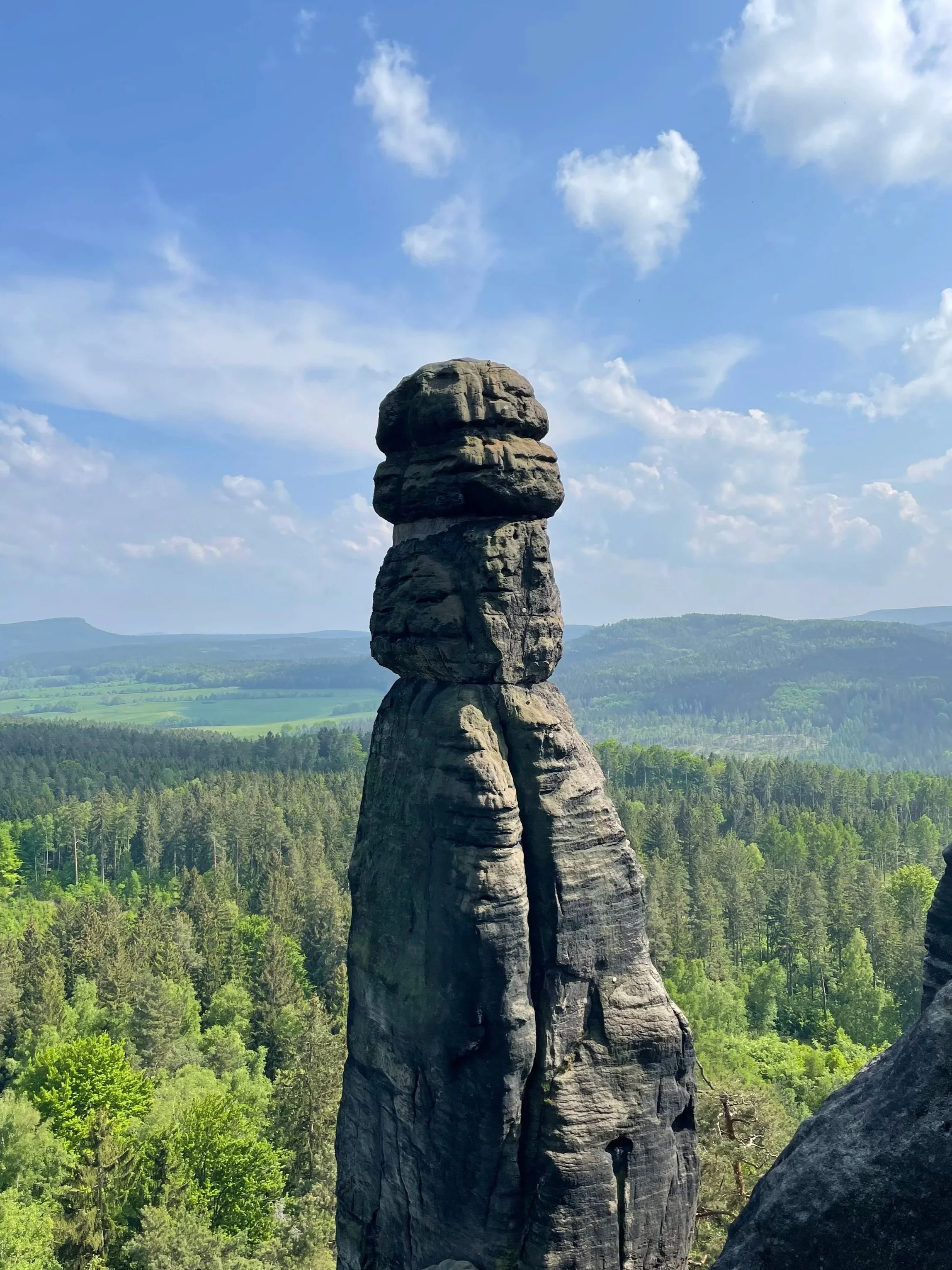 Ein hoher, schmaler Felsen ragt in den Himmel, umgeben von einem dichten grünen Wald und einem blauen Himmel mit Wolken.