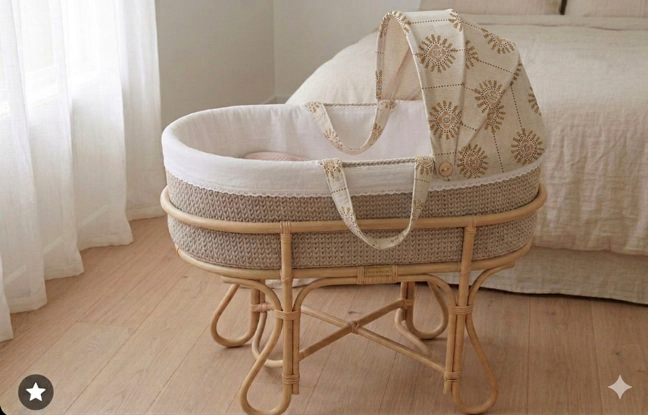 Cuna de mimbre y tela blanca con detalles en beige, colocada en un suelo de madera cerca de una cortina blanca y una cama con sábanas beige.