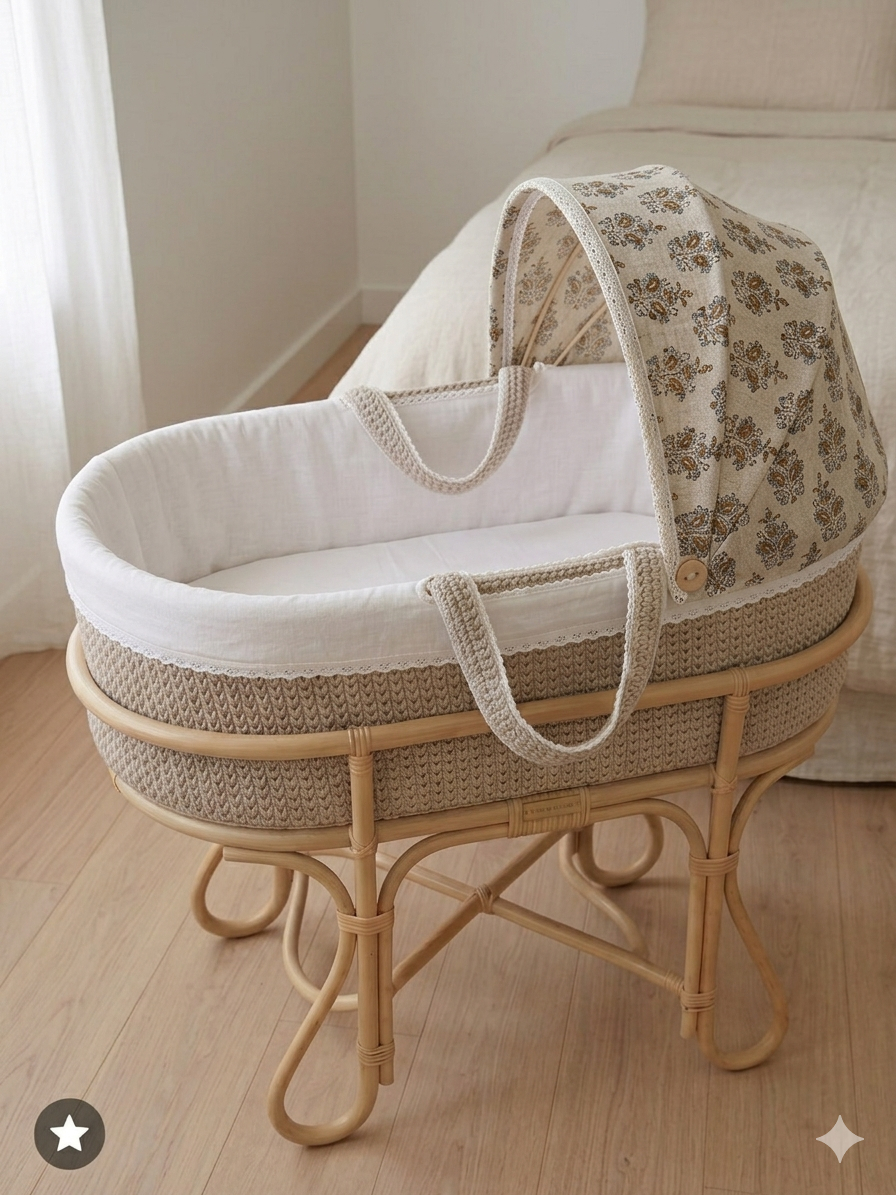 Cuna de mimbre en tonos neutros con colchón y capota de tela con estampado de flores. Cerca de la cama en una habitación clara y decorada en tonos beige.