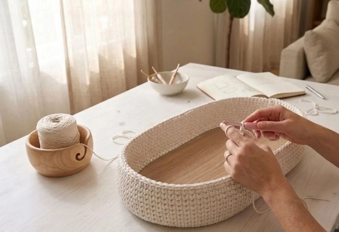Manos tejiendo una cesta con hilo de color blanco en una mesa, con otros materiales de tejido y un libro abierto en el fondo.