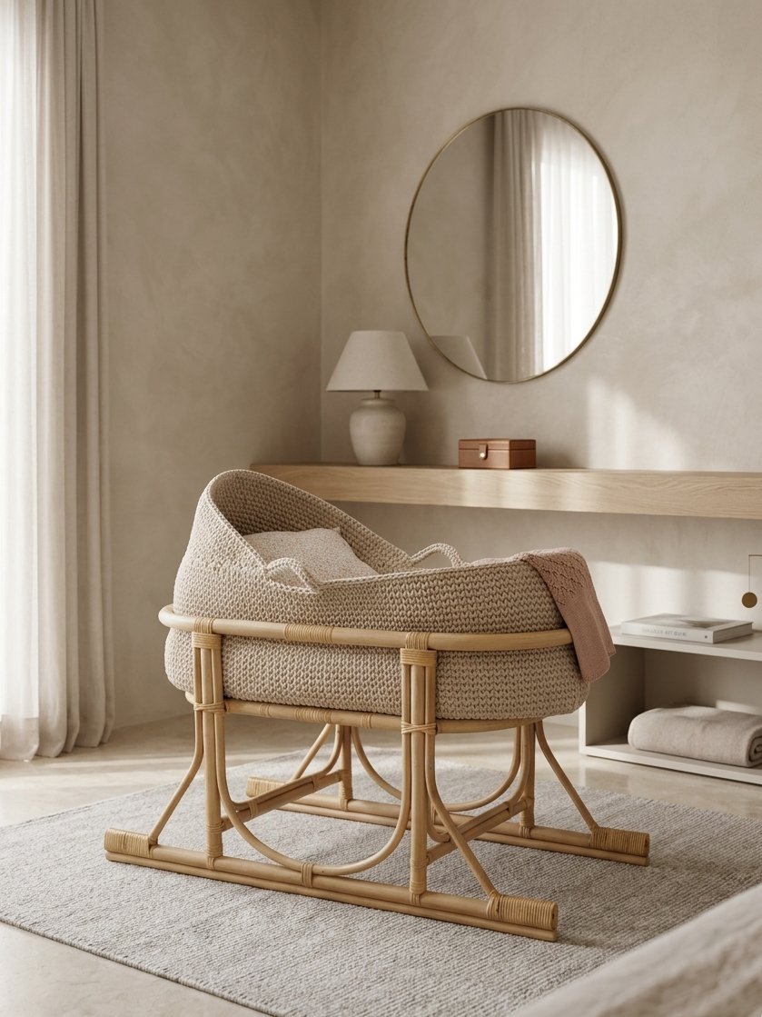 mini cuna artesanal de ratán. Capazo para bebé en una habitación decorada en tonos neutros, con espejo redondo, lámpara y objetos decorativos en una repisa.