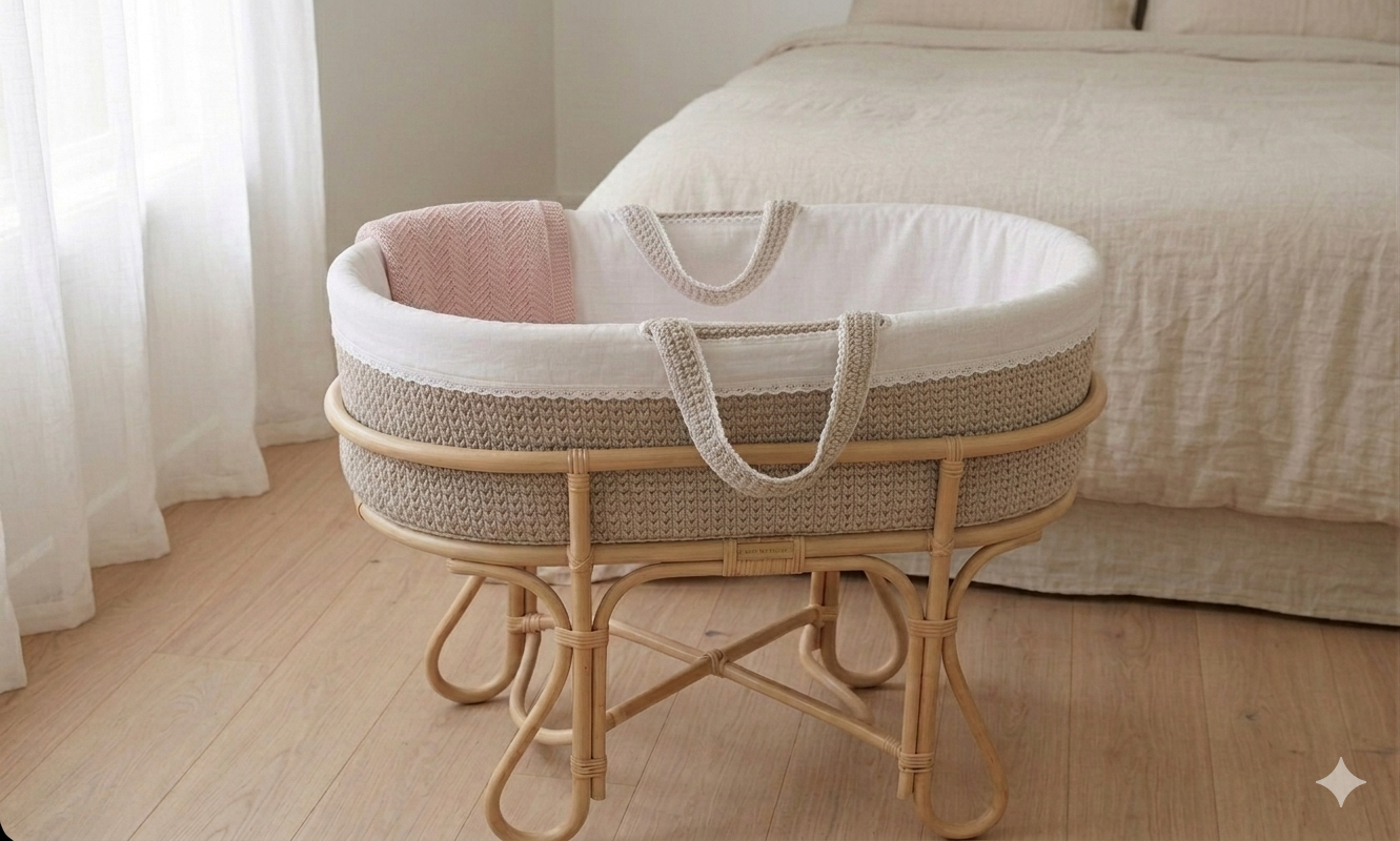 Cuna de mimbre o ratán natural con ropa de bebé en el interior para bebés, ubicada cerca de una cama con sábanas blancas y cortinas blancas en una habitación bien iluminada.