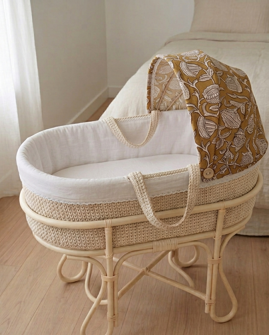 Cuna de mimbre con manta y capota decorativa en habitación con cama y cortina.