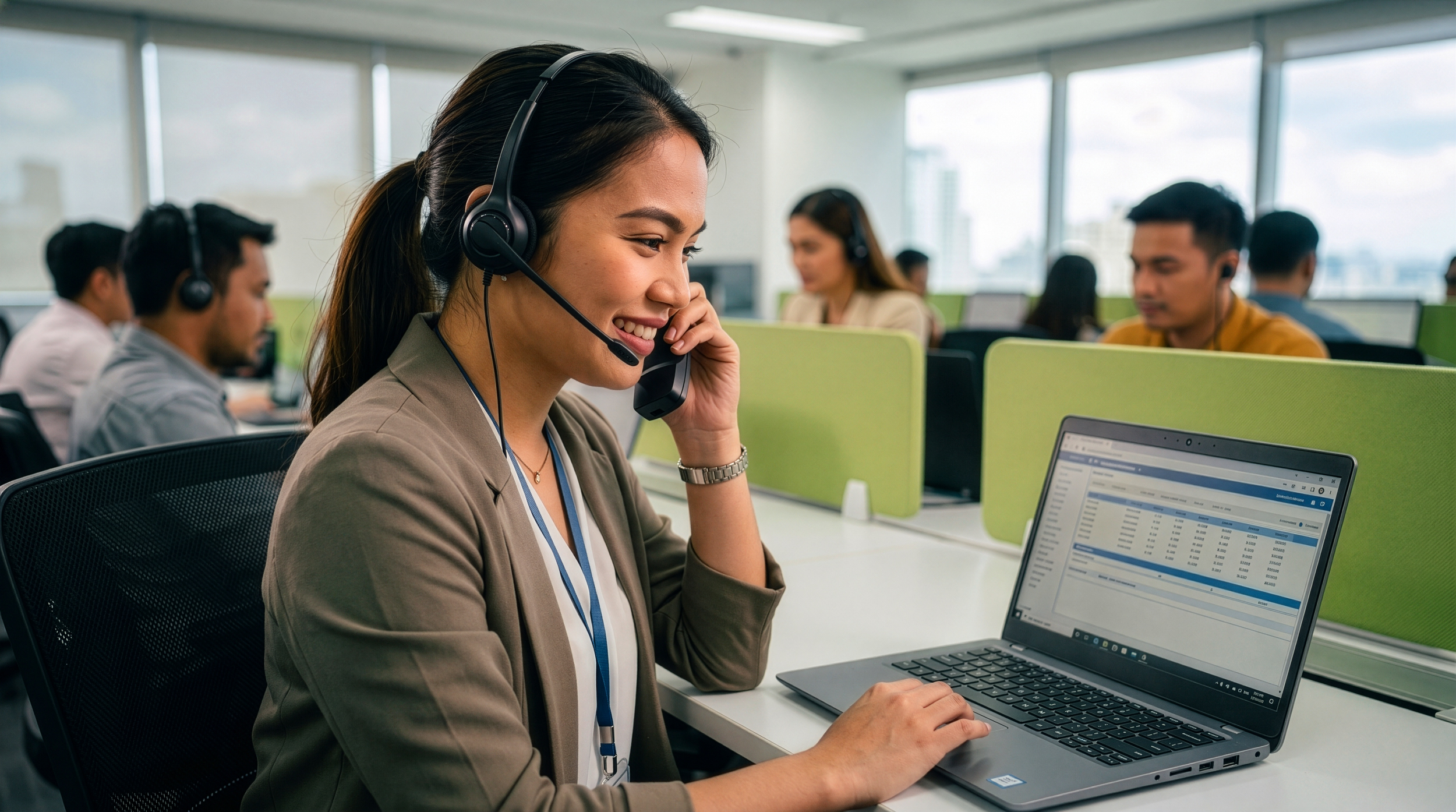 A woman wearing a headset and a brown blazer smiling while working on a laptop in an office. Several colleagues work at desks in the background.